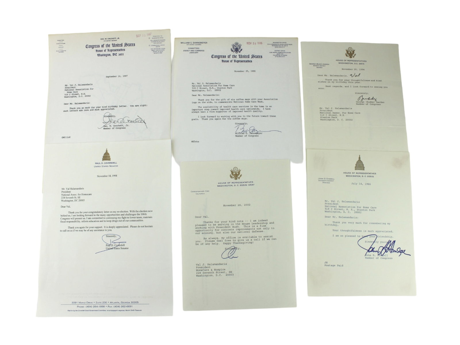 Six Autographs from Congressmen and Senators: This set features six authentic signed letters from various U.S. Senators and Representatives, including Geo. W. Crockett Jr., Paul D. Coverdell, Christopher Cox, John D. Dingell, George (Buddy)