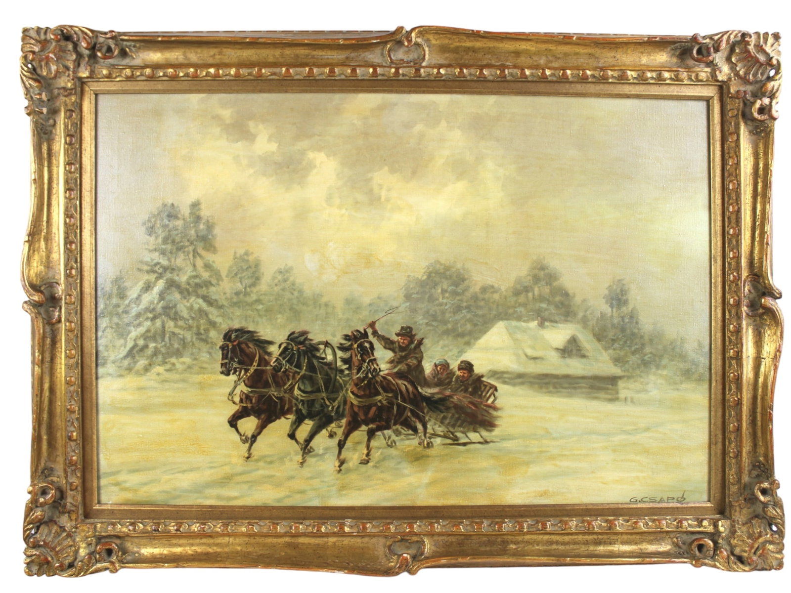 GEORGE CSAPO, Winter Sleigh Ride. O/C: A dynamic oil painting signed by George Csapo (Hungarian,b 1910), depicting a spirited winter scene with a team of four horses pulling a sleigh through a snowy countryside. The sleigh carries warmly