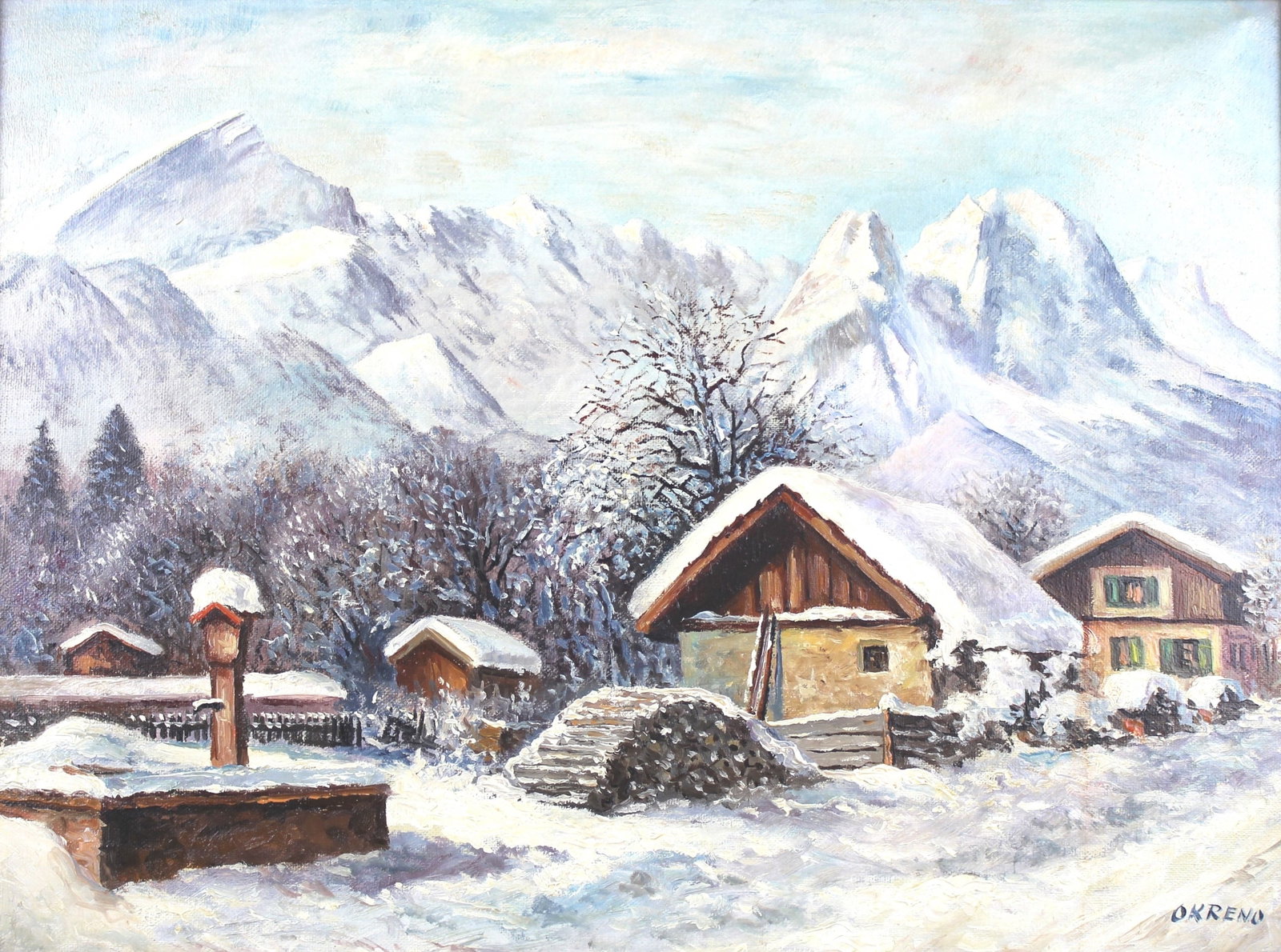 OKRENO, Snow-Covered Alpine Village, O/C: A scenic oil painting by Okreno showing a snow-covered alpine village with mountains in the background. Set in an ornate giltwood frame and marked on the reverse with the artist?s name and code