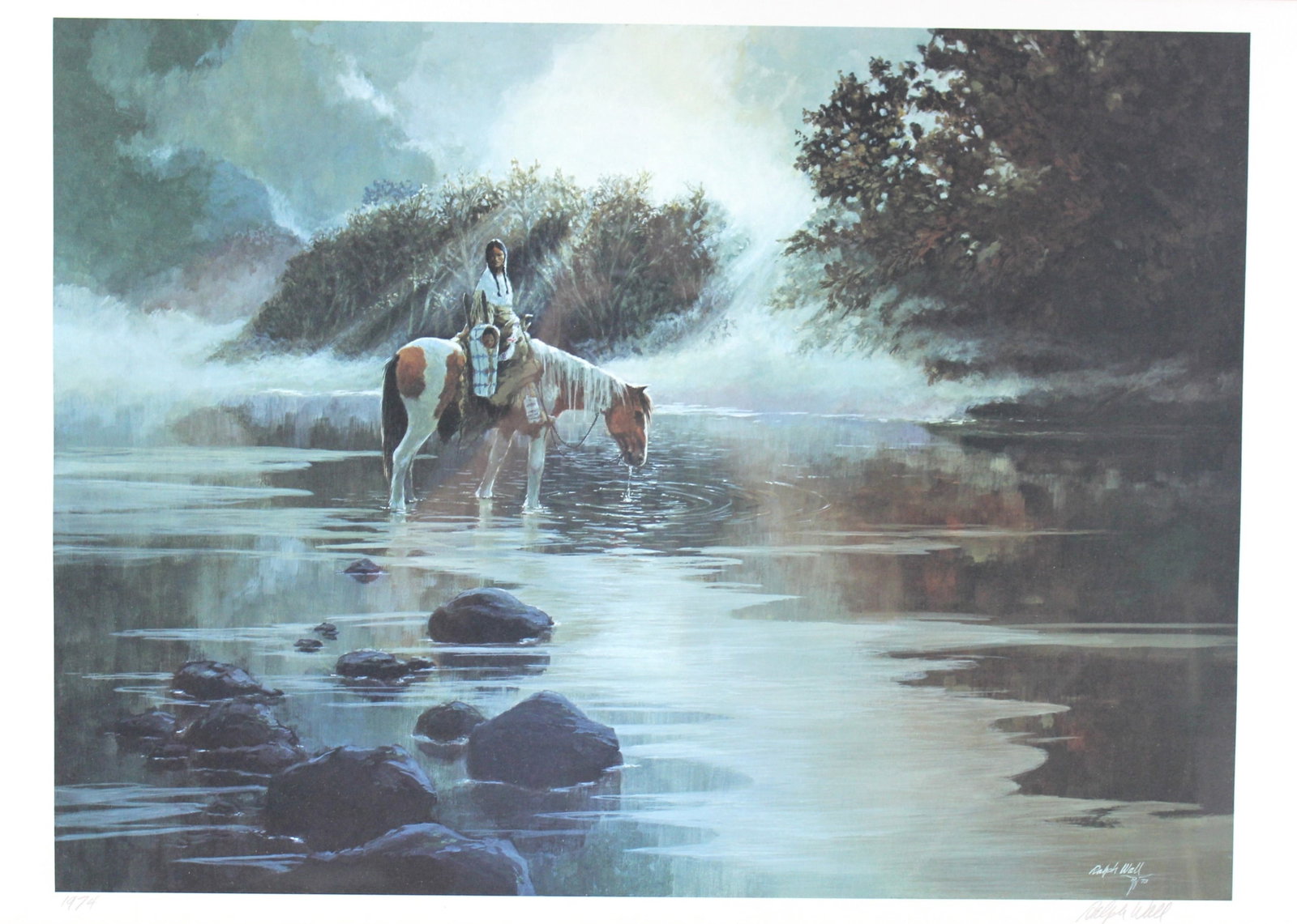 Ralph Wall, Mist of Morning. Signed Lithograph: Limited edition lithograph by Ralph Wall, depicting a Native American woman and child on horseback at a misty riverside. Signed, dated 1974, and framed with a Franklin Mint Gallery label on the back.