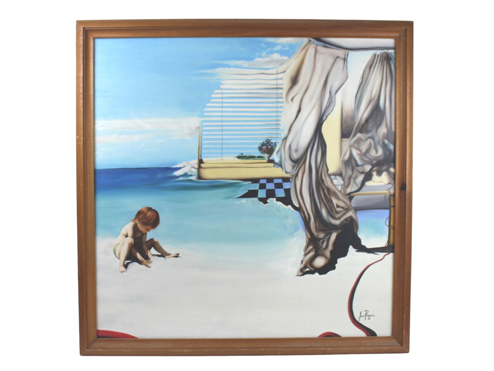 Janet Rayner. "Fever Dream," Oil On Canvas: A 1975 surrealist oil painting by Janet Rayner depicting a dreamlike fusion of beach and interior scenes. A child plays with a starfish as ocean waves blend into a room with curtains and a