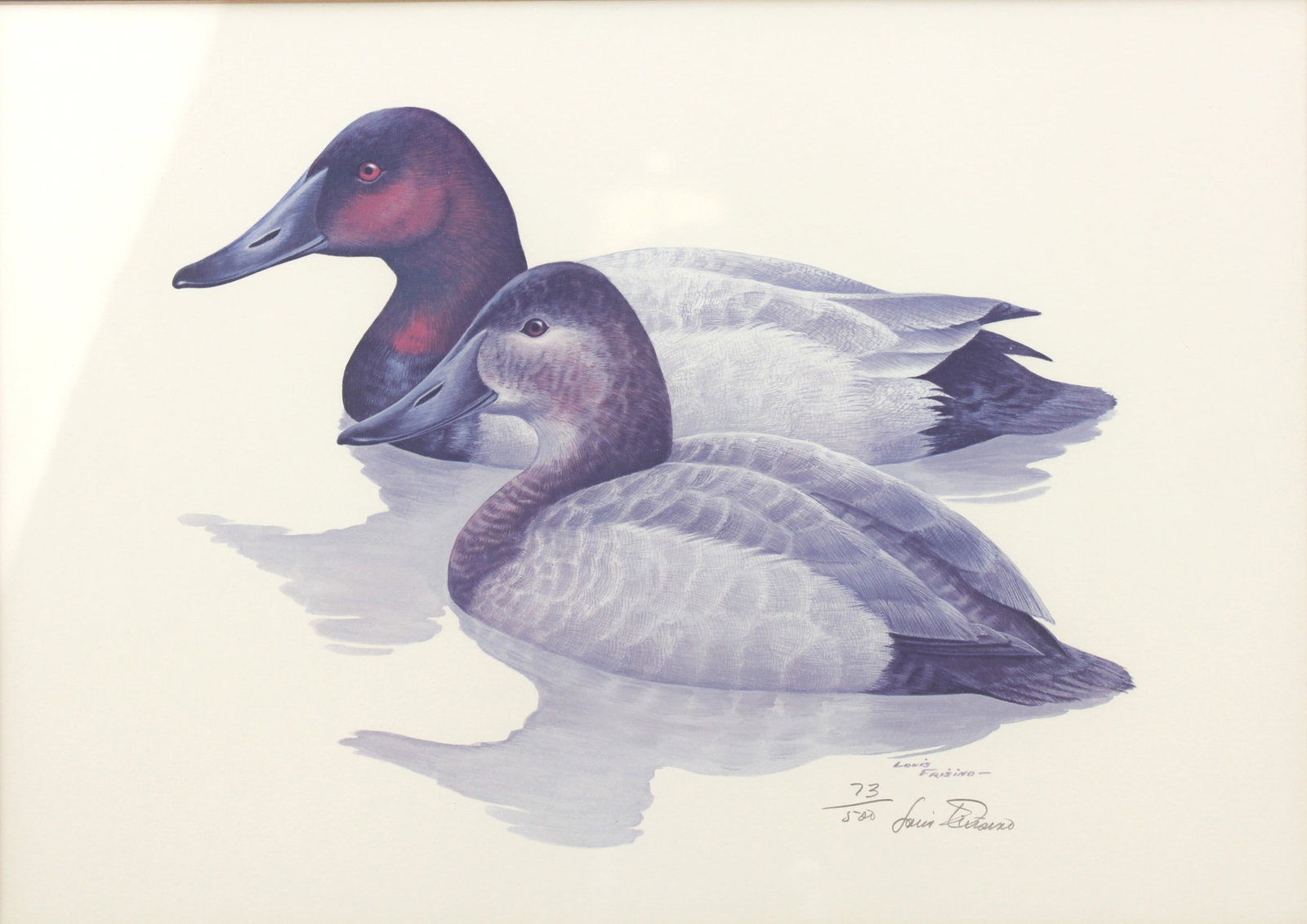 Louis Frisino, Canvasback Pair, Signed Lithograph: Limited edition lithograph of two canvasback ducks by artist Louis Frisino (1934 - 2020), hand-signed and numbered 73/500. Professionally matted and framed. The lithograph measures 10 inches by 14