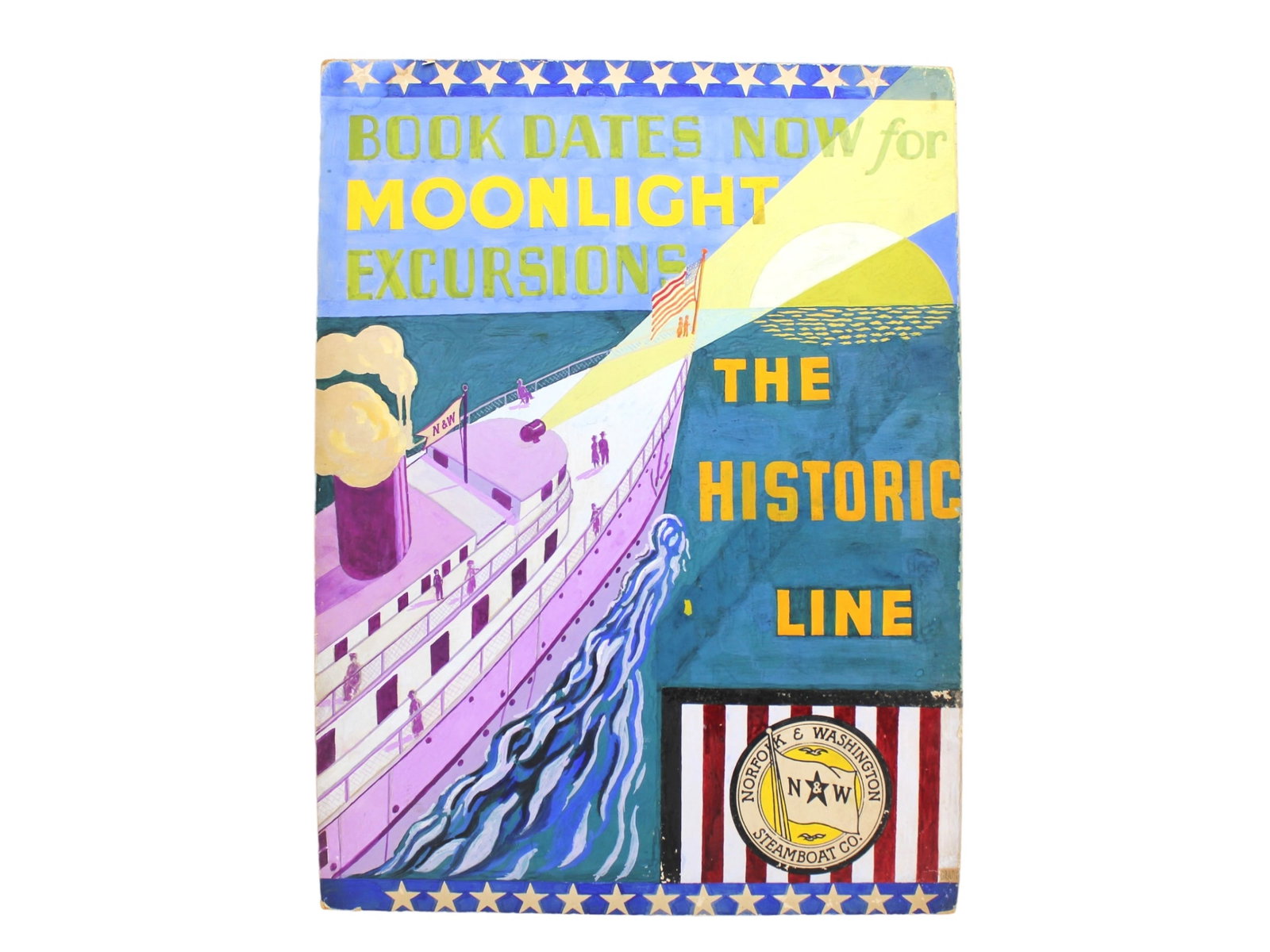 The Norfolk Washington Steamboat Poster: Colorful hand-painted poster promoting nighttime cruises on the Norfolk & Washington Steamboat Co. Features a steamship under moonlight with bold text and patriotic motifs. Signed "GRADY." Likely