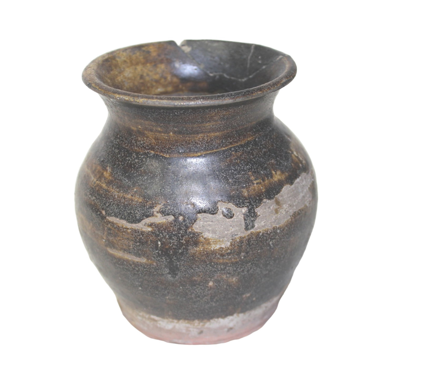 An Early Chinese Pottery Jar: An old Chinese earthenware storage jar with a rounded body, narrow neck, and flared rim. It has a dark, smoke-fired surface with signs of age, including wear, encrustation, and a repaired rim with vis