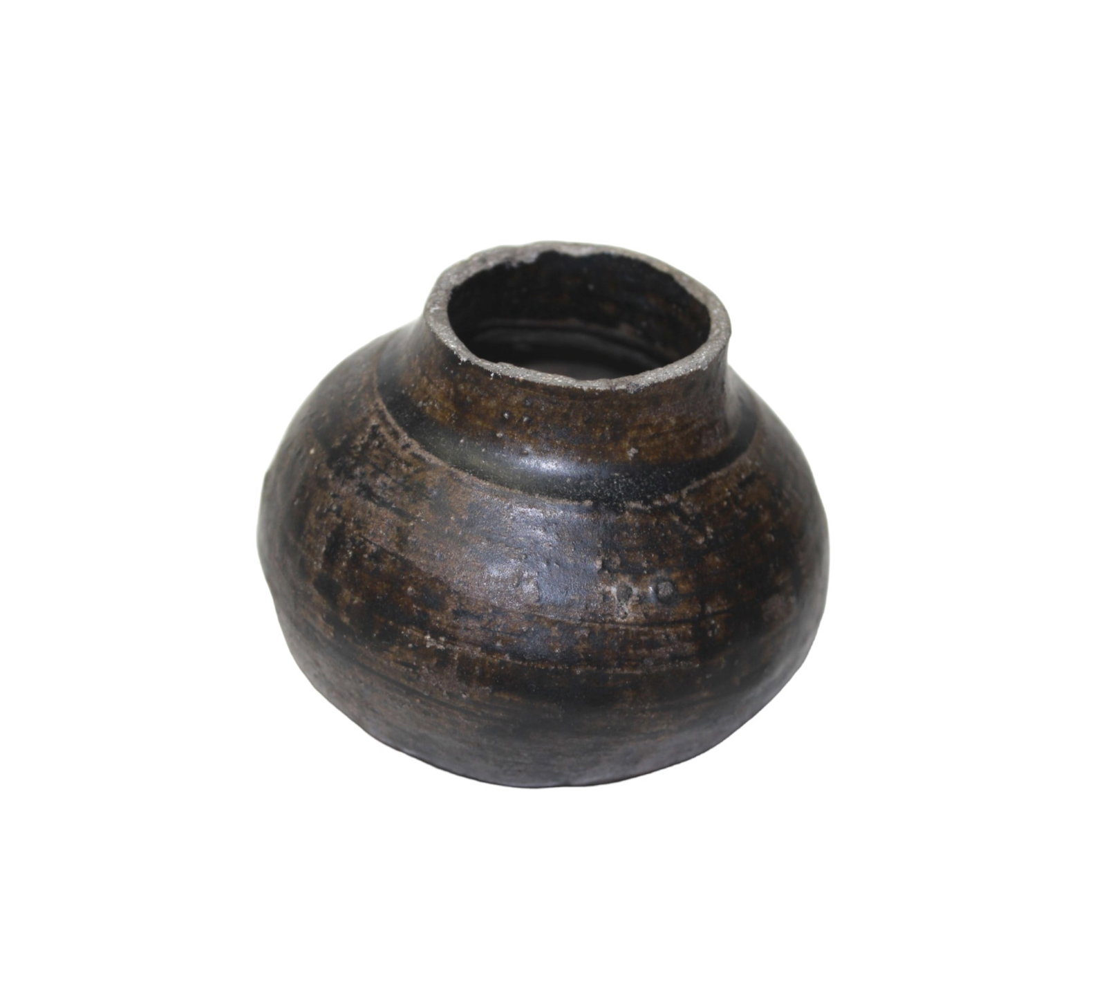 An Early Chinese Pottery Jar: A small, dark earthenware Chinese jar with a wide body and short neck, showing signs of wear and rim damage. Likely an ancient utilitarian vessel, possibly Han Dynasty in origin. The jar measures