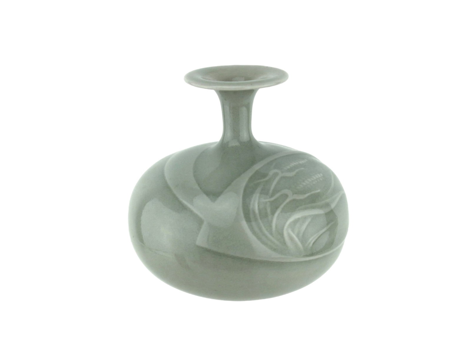 1991 Scott Malcolm Signed Celadon Bud Vase: Signed celadon bud vase by Scott Malcolm, dated 1991, with a carved botanical motif and a flared neck. Approx. 3 in. H.