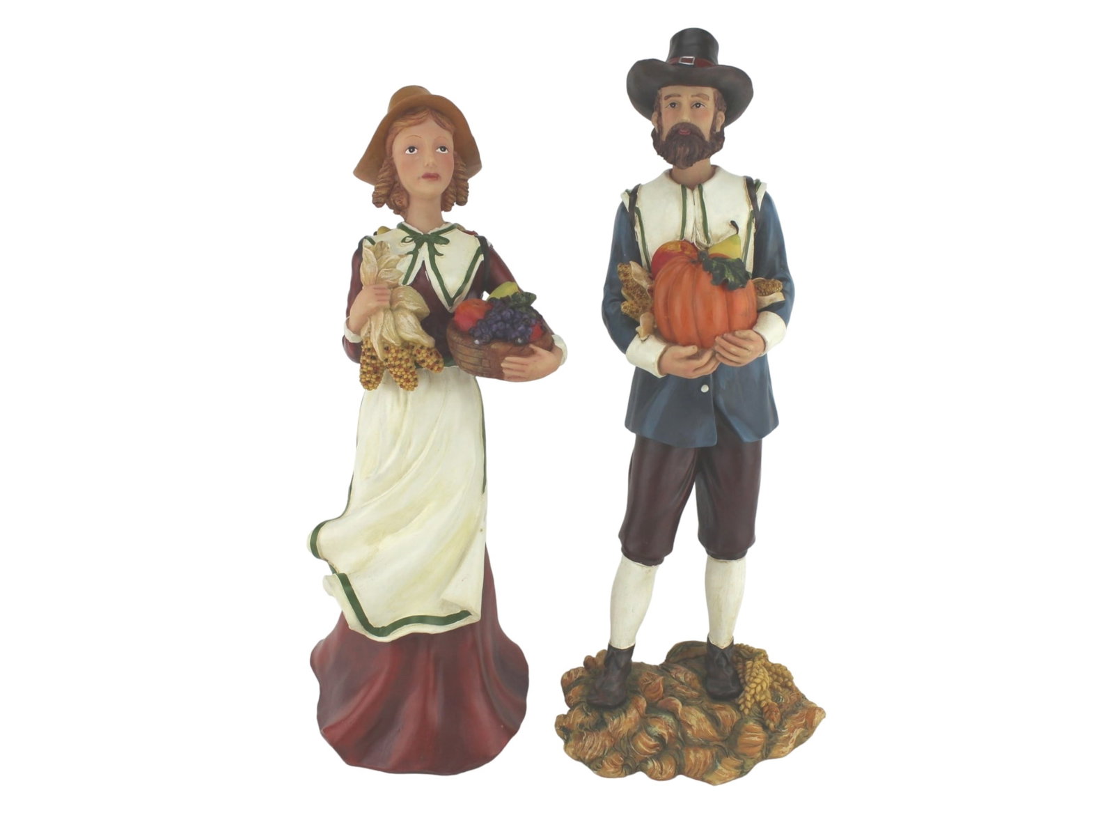 Two Burton & Burton Fib Rustic Figurine Statues: Two resin figurines Including: one woman holding corn and fruit bowl and back pack of fruit, 13 1/2 in. tall; one rustic man holding a pumpkin and back pack of fruit, 14 in. tall.