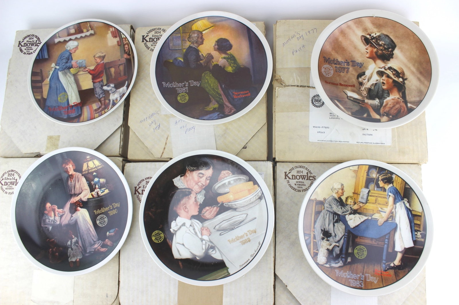 Six Norman Rockwell "Mother's Day" Plates: All plates with Certificate of Authenticity and Original package box. The plates Including: 1977 "Faith", the plate No. 19848; 1981 "After the Party", the plate No. 13724G; 1983 "Add Two Cups and a Me