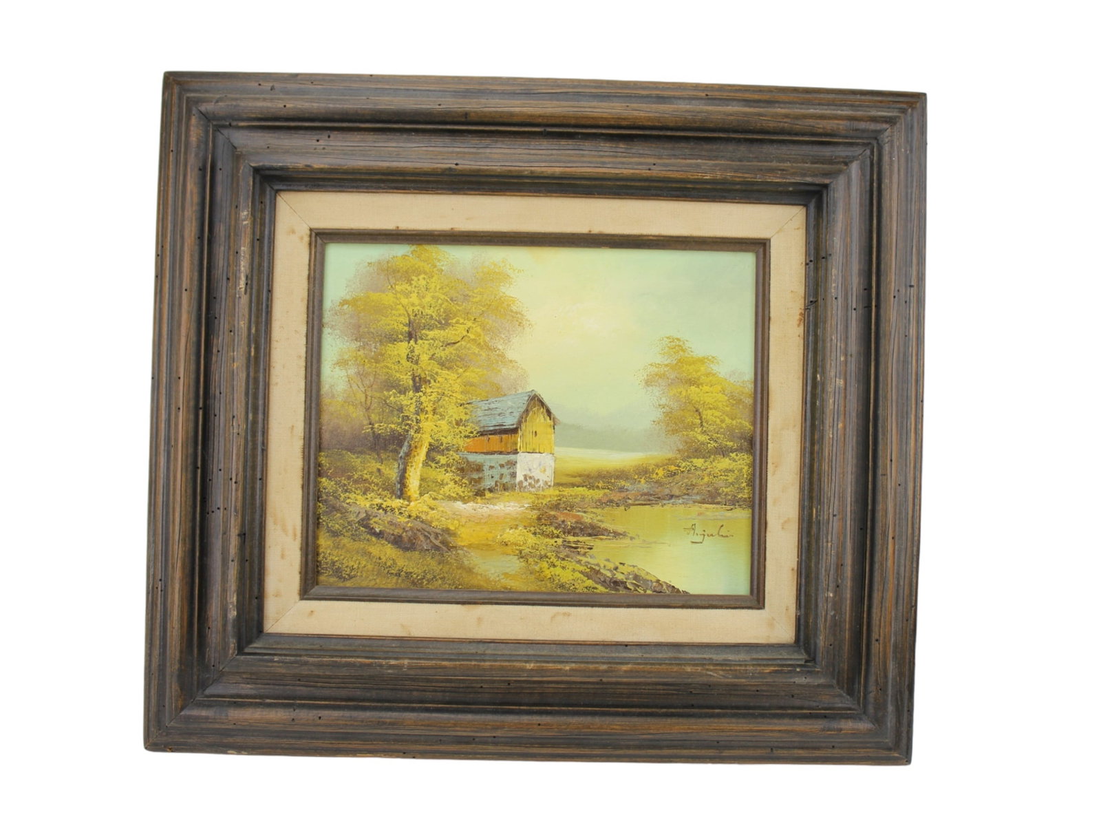 A. Julica, Rustic Landscape, Oil on Board: Charming oil-on-board landscape depicting a rustic mill beside a quiet stream, signed lower right. Painting measures 8 X 10 in., housed in a distressed wood frame measuring 15 X 17 in. Overall in