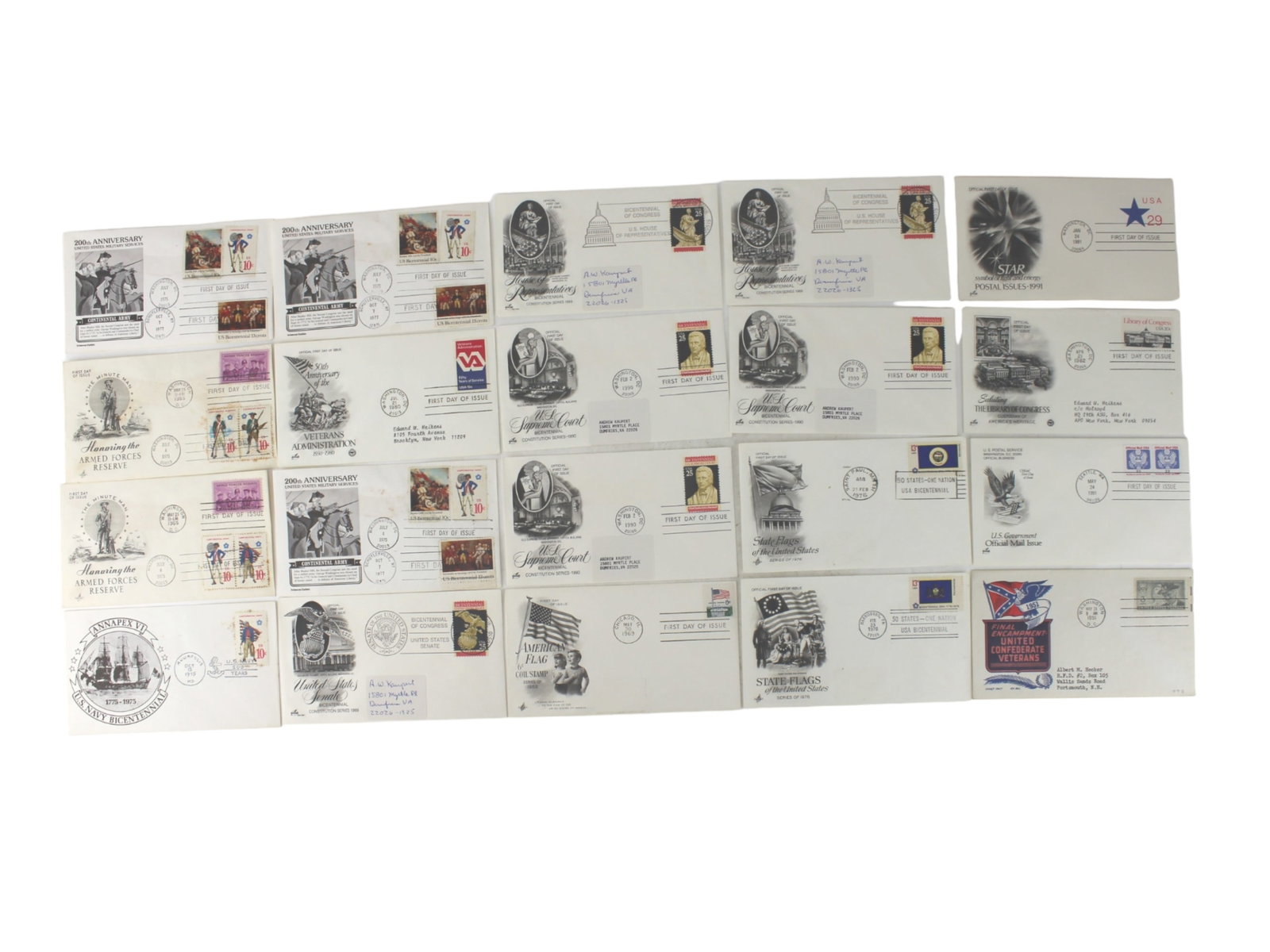 20 ASSORTED FIRST DAY COVERS-MILITARY/POLITICS: A themed collection of U.S. First Day Covers commemorating military and government bicentennials, featuring historical stamps and illustrated envelopes issued for key anniversaries. 6 1/2 x 3 1/2 in..