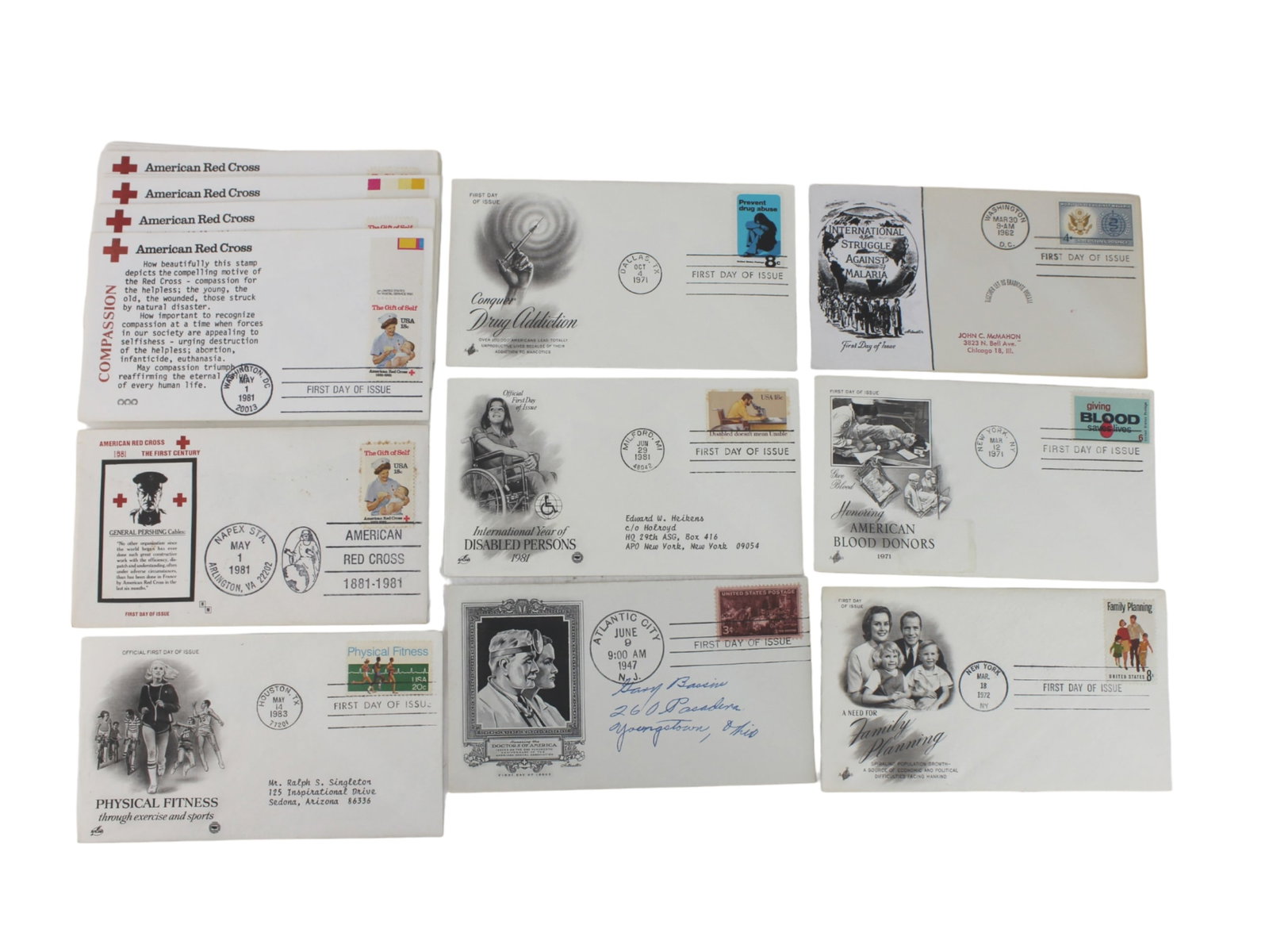 16 ASSORTED FIRST DAY COVERS-HEALTH: A collection of U.S. First Day Covers featuring health and humanitarian themes such as the American Red Cross, drug addiction awareness, malaria prevention, disability rights, blood donation,