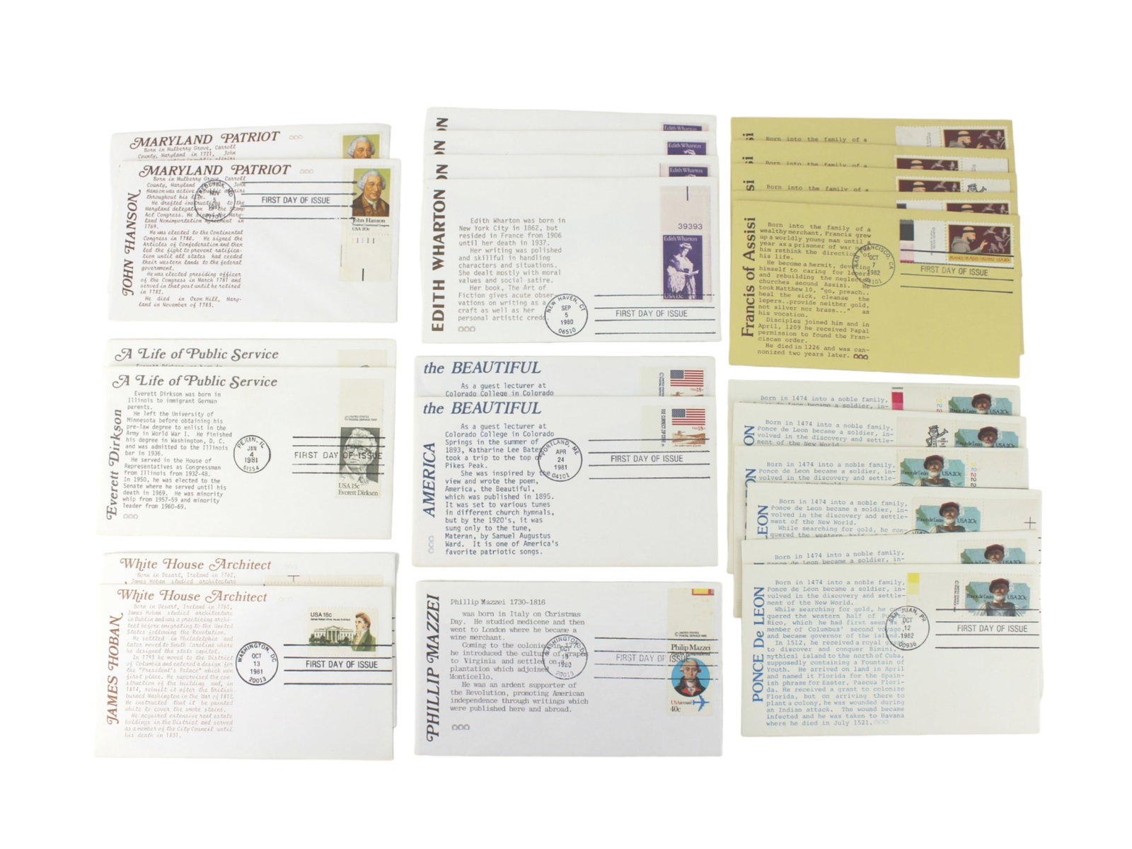 24 ASSORTED FIRST DAY COVERS-PEOPLE: A collection of First Day Covers honoring notable historical figures and themes, each featuring a commemorative stamp and brief biography. Subjects include John Hanson, Edith Wharton, Ponce de Leon,
