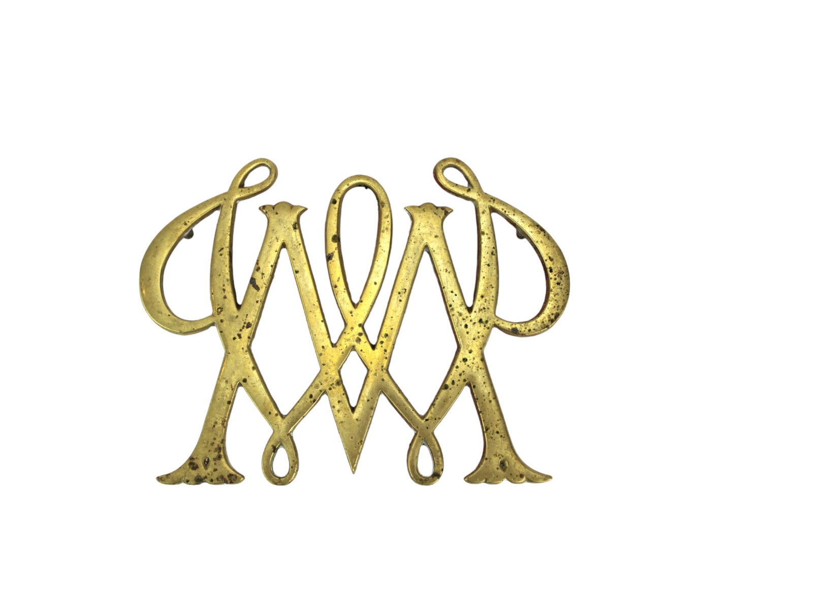 William & Mary Cypher Brass Trivet: CW10-11 William & Mary Cypher Brass Trivet, Williamsburg, Copyright 1950. Dimensions: Approx. 7 3/4 X 6 inches..