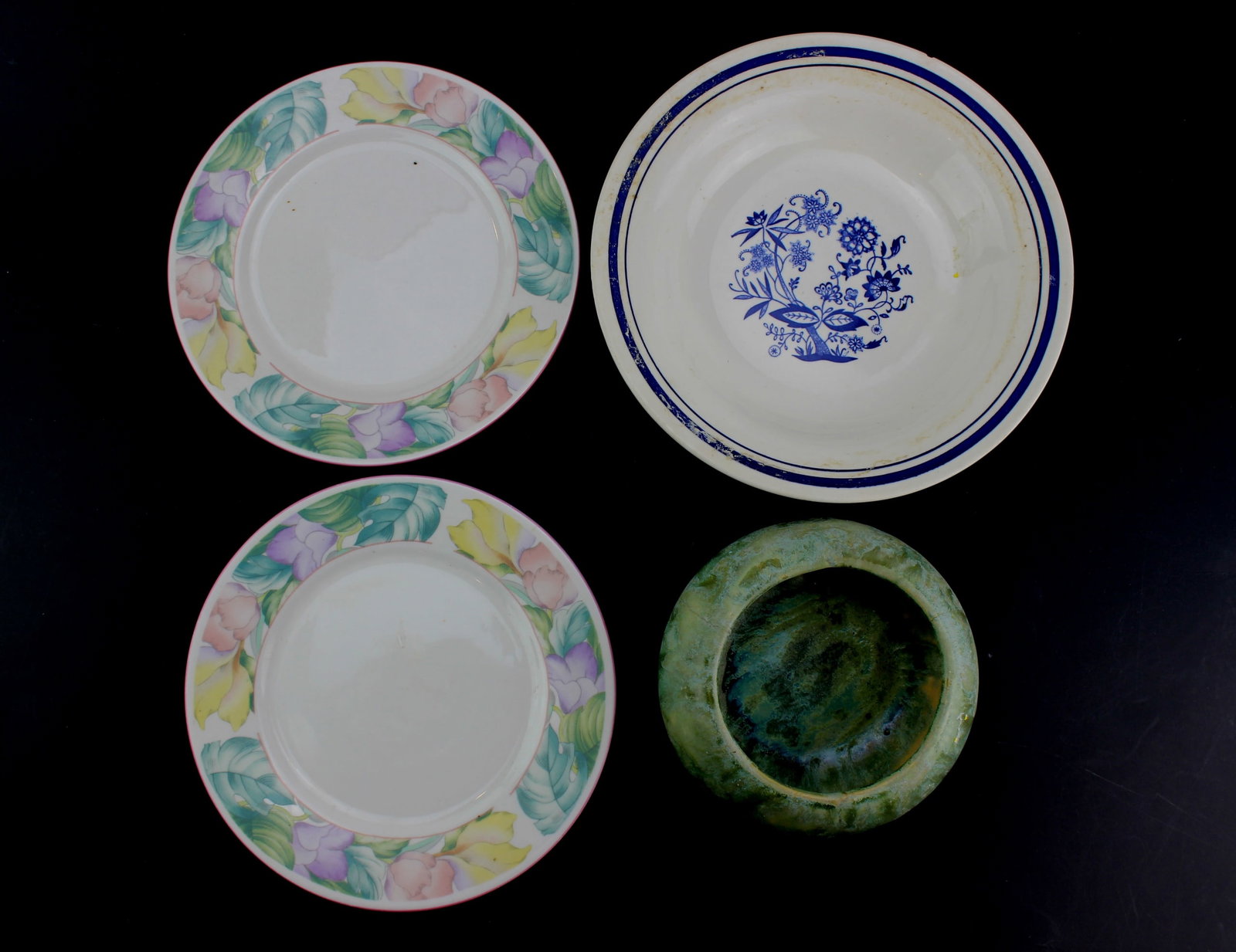 Mixed Porcelain Plate and Bowl Collection: Including two China Pearl Stoneware dishes (7 1/2 inches in diameter); one Oxford Brazil Dinner Plate in 8 1/2 in. (D) with chips on rim; one studio green glaze bowl in 5 1/2 in. (D) X 2 1/4 in. (H),