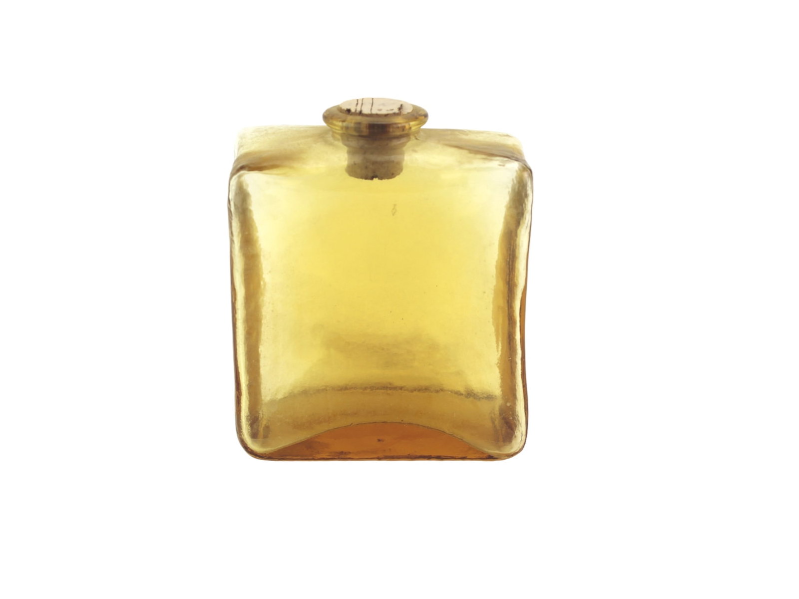 Hand-Blown Amber Glass Flask with Stopper: A hand-blown amber glass flask with a rounded square shape, textured surface, and matching stopper with cork. Dimensions: 6 X 5 1/4 X 3 in.. Provenance: collected from the Estate sale of Wleanor
