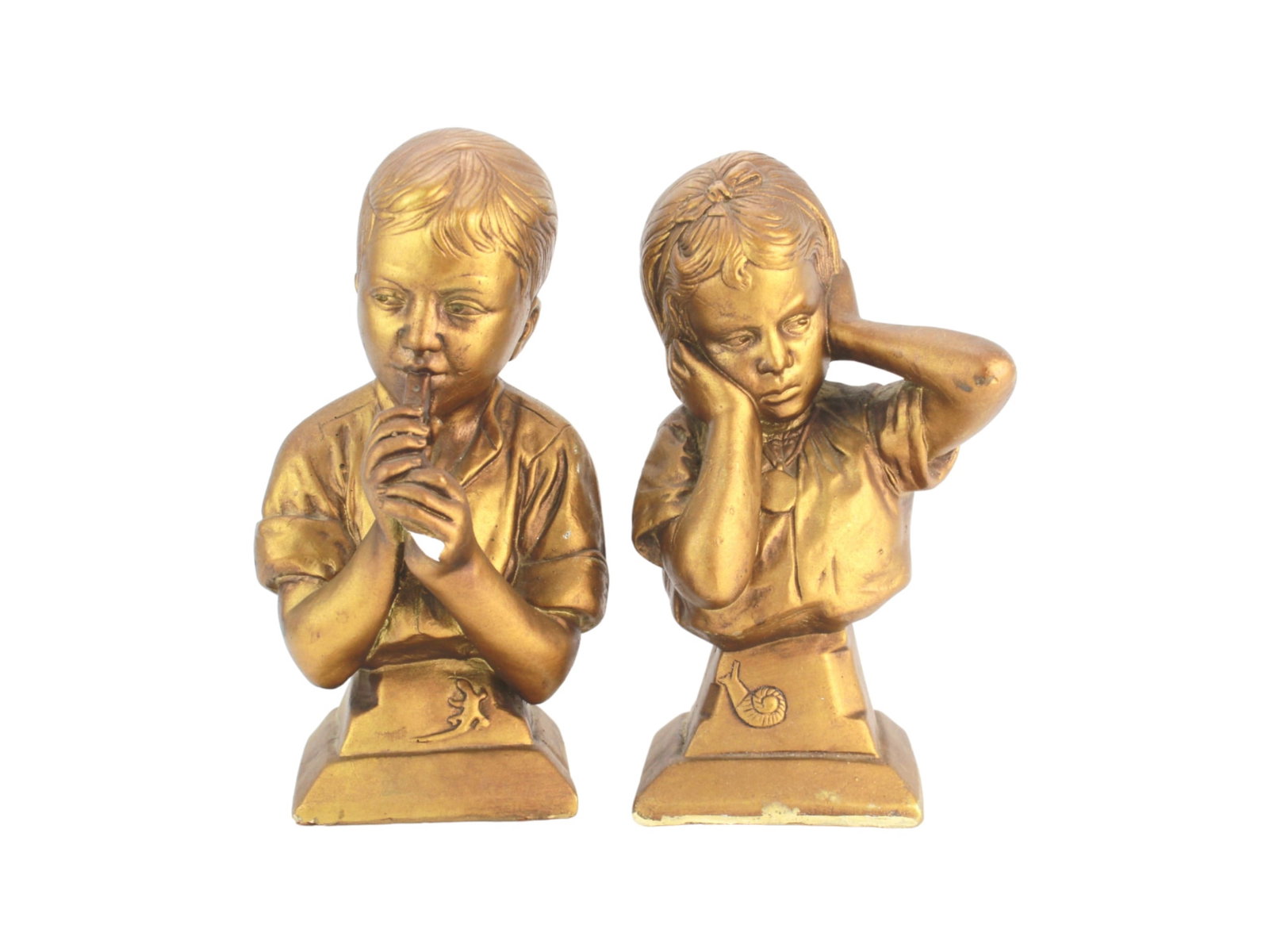 Pair of Vintage Esco Figural Busts ? Boy and Girl: A pair of vintage Esco figural busts depicting a boy playing a flute and a girl listening with hands to her ears. Both are finished in a faux-bronze tone, signed by E. Villanis, and marked ?ESCO