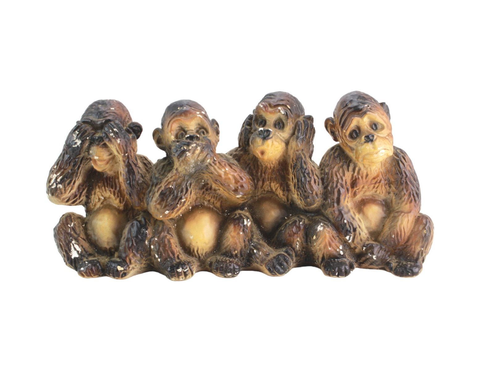 Four Monkeys Composite Statue: This is a composite figurine of four monkeys representing a twist on the traditional "See No Evil, Hear No Evil, Speak No Evil" theme, with a fourth monkey expressing sadness or despair ("Feel No