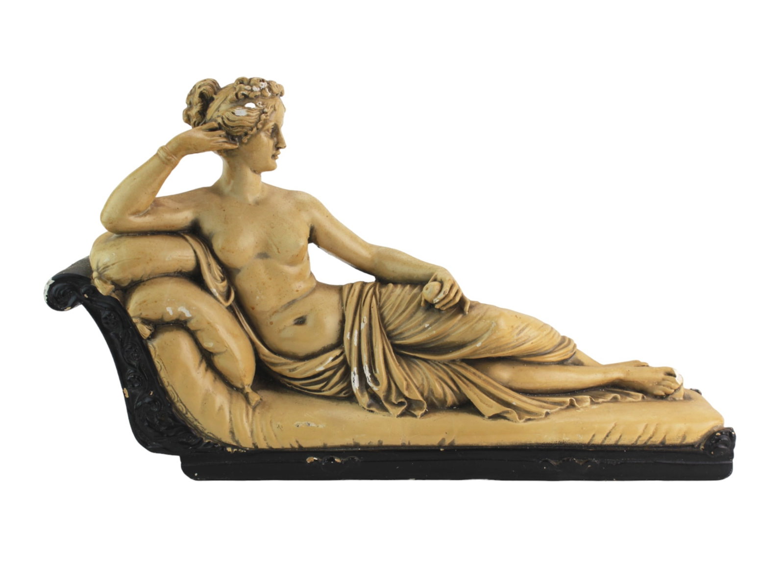 Chalkware Lounging Classical Woman Figurine: Chalkware Lounging Classical Woman Figurine. Replica Sculpture after Antonio Canova "Paulina Borghese as Venus Victrix". Dimensions: 14 X 8 1/2 X 3 1/2 in.. Chips.