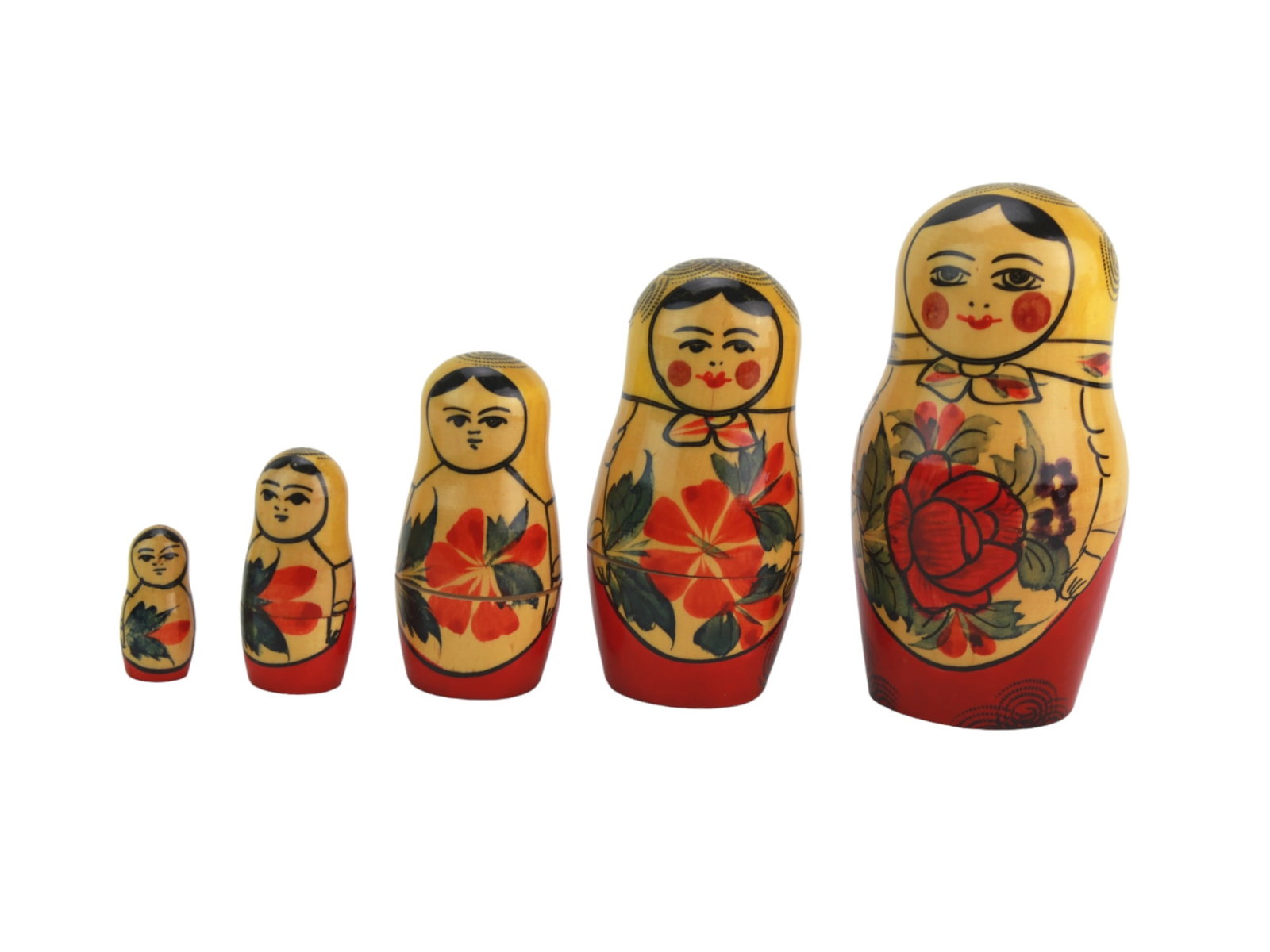 Traditional Russian Matryoshka Nesting Dolls: This is a set of 5 traditional Russian Matryoshka nesting dolls, hand-painted with floral designs in red and yellow. Each wooden doll fits inside the next smaller one,. The largest one measures