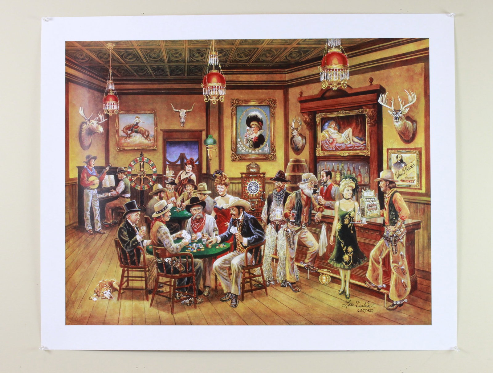 Lee Dubin, Western Saloon, Signed Lithograph: Signed lithograph by Lee Dubin depicting a lively Old West saloon scene with cowboys, gamblers, musicians, and bar patrons. Numbered 605/910. The image in the size of 23 in. (W) X 30 in. (L); and the
