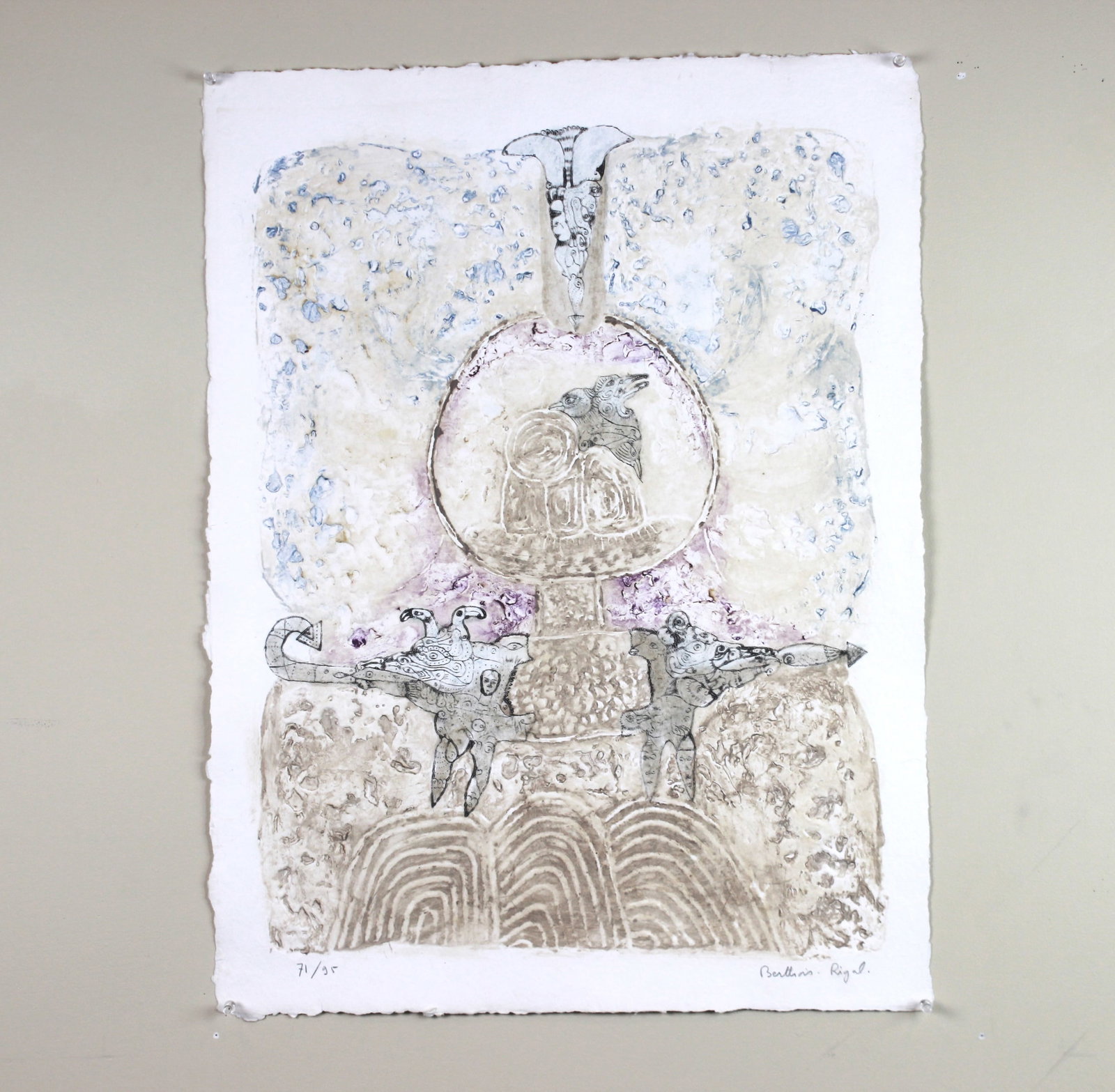 Bernard Berthois-Rigal, Signed Original Etching: Signed limited etching numbered 71/95 by Bernard Berthois-Rigal (French, b1927) , titled " L'Arbe Qui Reve", featuring a textured, totemic abstract composition with symbolic animal forms in earthy