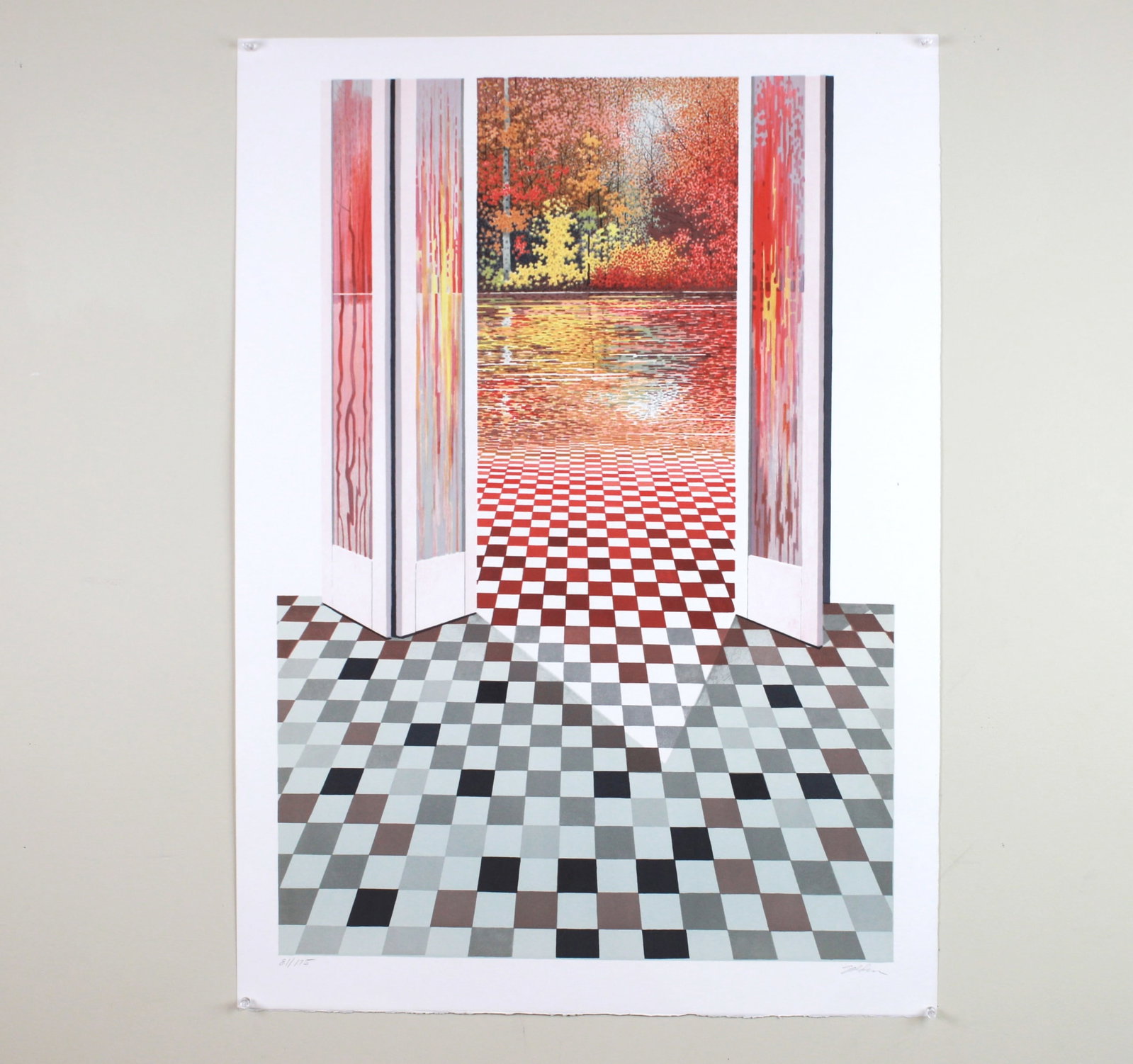 Rolland Golden, Reverie, original Lithograph: Signed limited-edition lithograph (81/175) by Rolland Golden, titled "Reverie", depicting an open doorway leading from a checkered floor interior to a vivid autumn landscape reflected in water. The