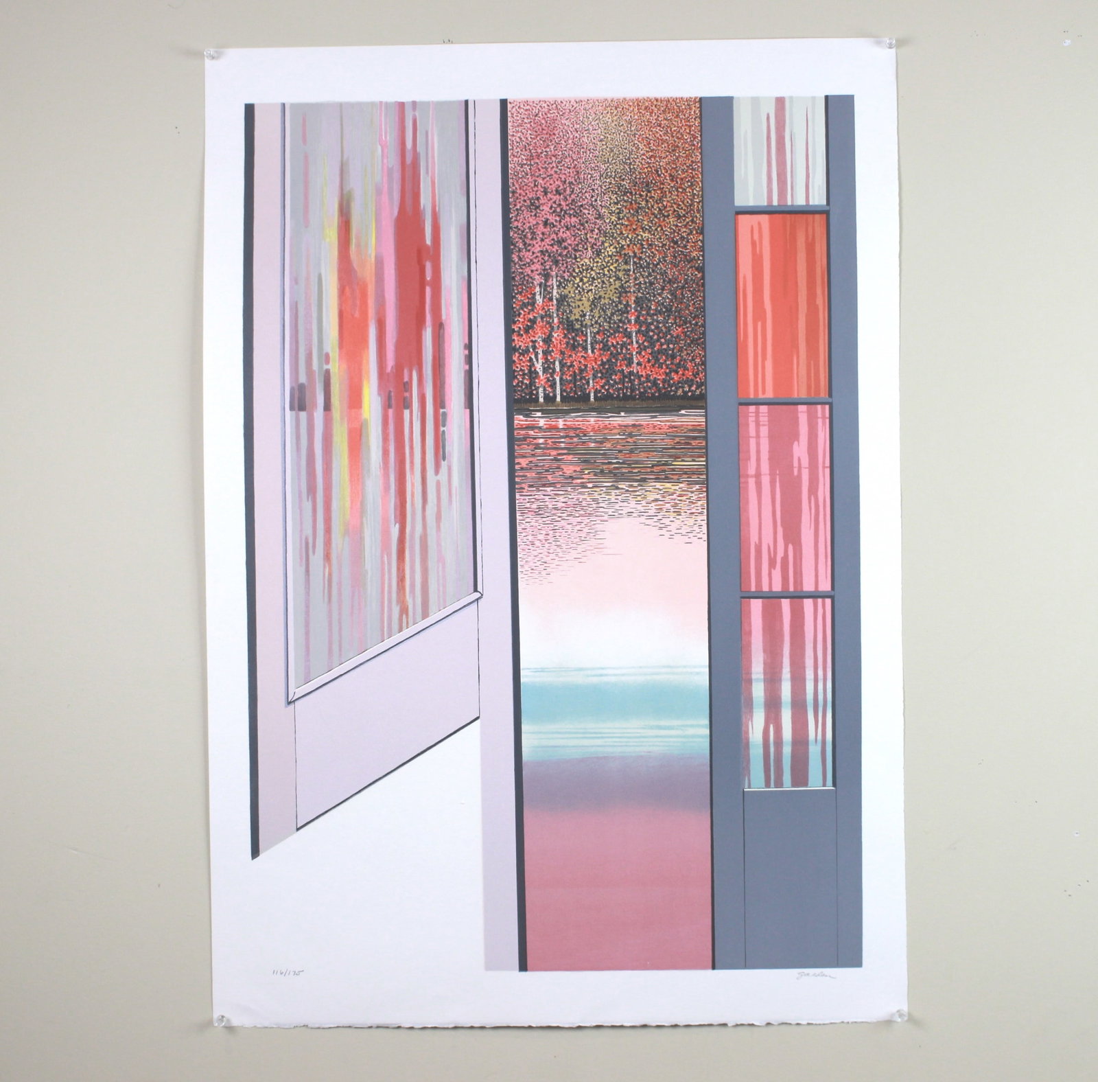 Rolland Golden, Mysterious Parc, Signed Lithograph: Signed limited-edition lithograph titled ?Mysterious Parc? by Rolland Golden, edition 116/175, depicting an abstract doorway with colorful vertical panels opening to a tranquil lake view, blending geo