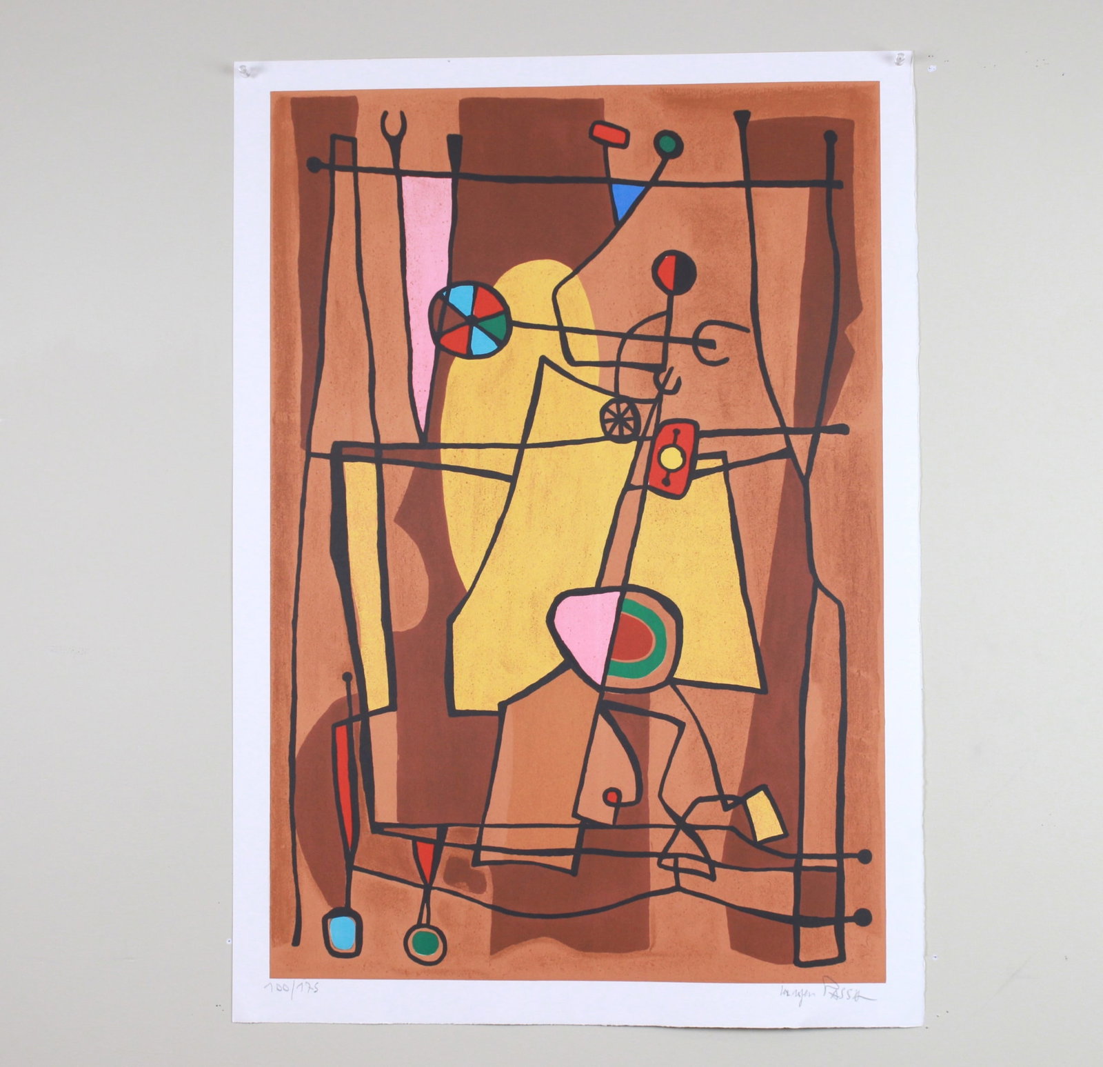 Mayeu Passa, Camouflage, Signed Lithograph: A signed and numbered lithograph (100/175) titled Camouflage by Mayeu Passa, featuring abstract geometric forms and vibrant colors on an earthy background. The image in the size of 18 3/4 in. (W) X