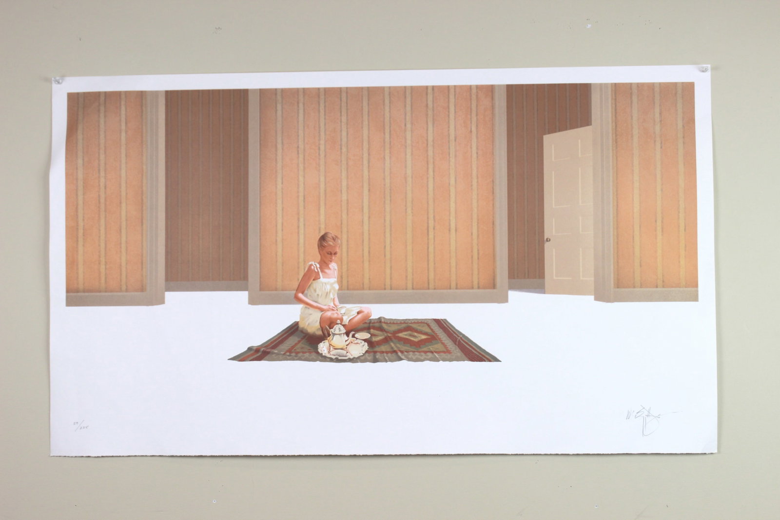 William Baggett, Jr, Travel Fantasy, Lithograph: Signed limited-edition lithograph titled ?Travel Fantasy? by William Baggett Jr. (American, b. 1946), edition 59/285, published by Siena. Depicts a girl having tea alone in a minimalist, panel-walled