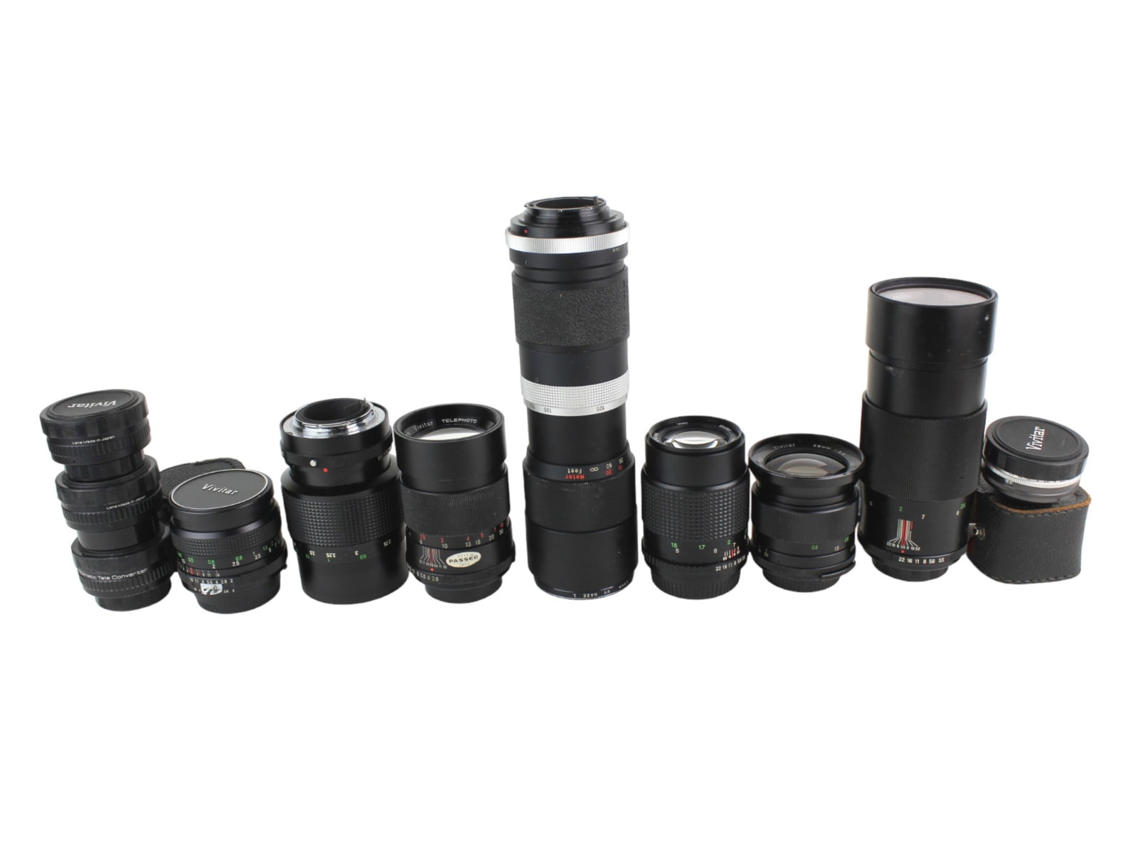 11 Vivitar Photography Lenses & Accessories: Including: three Vivitar Automatic Tele Converters 2X-1; one Vivitar Auto 2X Custom Tele-Converter, Model 2X-1; One Vivitar Auto 1:3.8 85-205 mm Tele Zoom Lens; Vivitar Auto Telephoto 1:2.8 135 mm len
