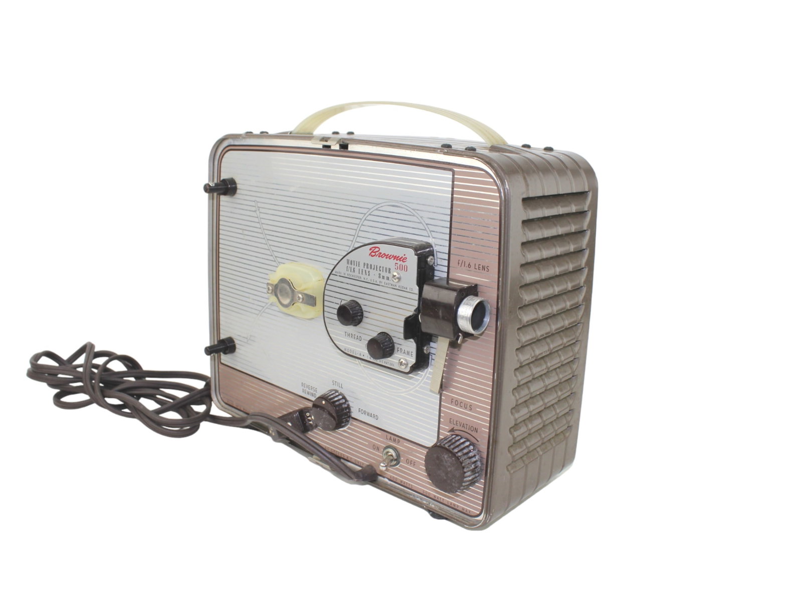 Kodak Brownie 500 Model-A 8 mm movie projector: Kodak Brownie 500 Model-A 8 mm movie projector. 11 X 10 X 6 1/2 in.. 11.7 lbs.