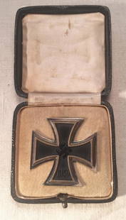 Iron Cross 1st Class in Box Maker's Mark Nazi: WWII German Iron Cross 1st Class medal in presentation box. Measures 44mm by 44mm. Pin back is intact, and marked with a 4. Please see photos. All items in this sale came out of a single estate collec