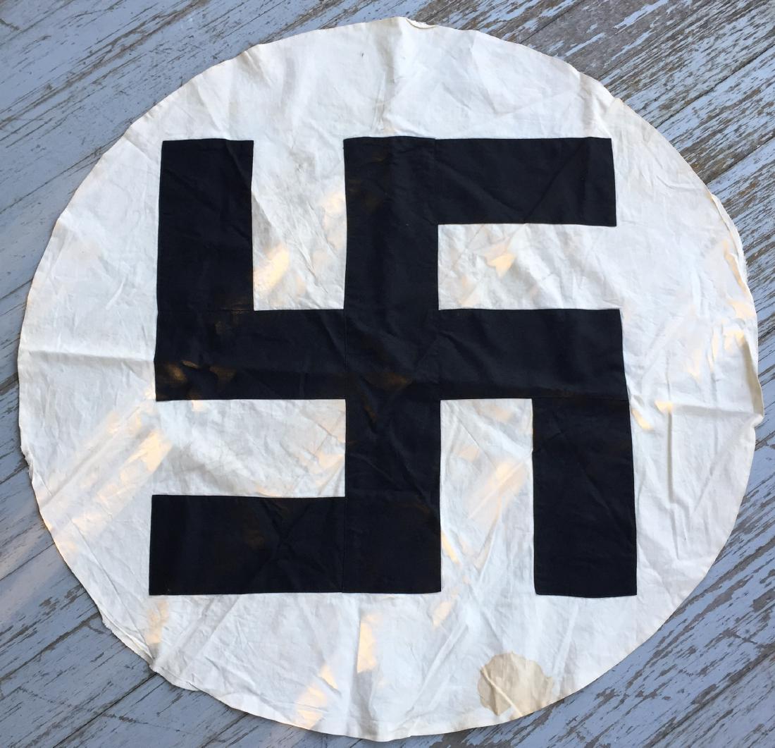 Center to German Nazi Flag WWII: Center circle for Nazi flag or banner. Measures 30 1/2" across the circle and 19" across the swastika, which is appliqued on. Cotton. All items in this sale came out of a single estate collection. We