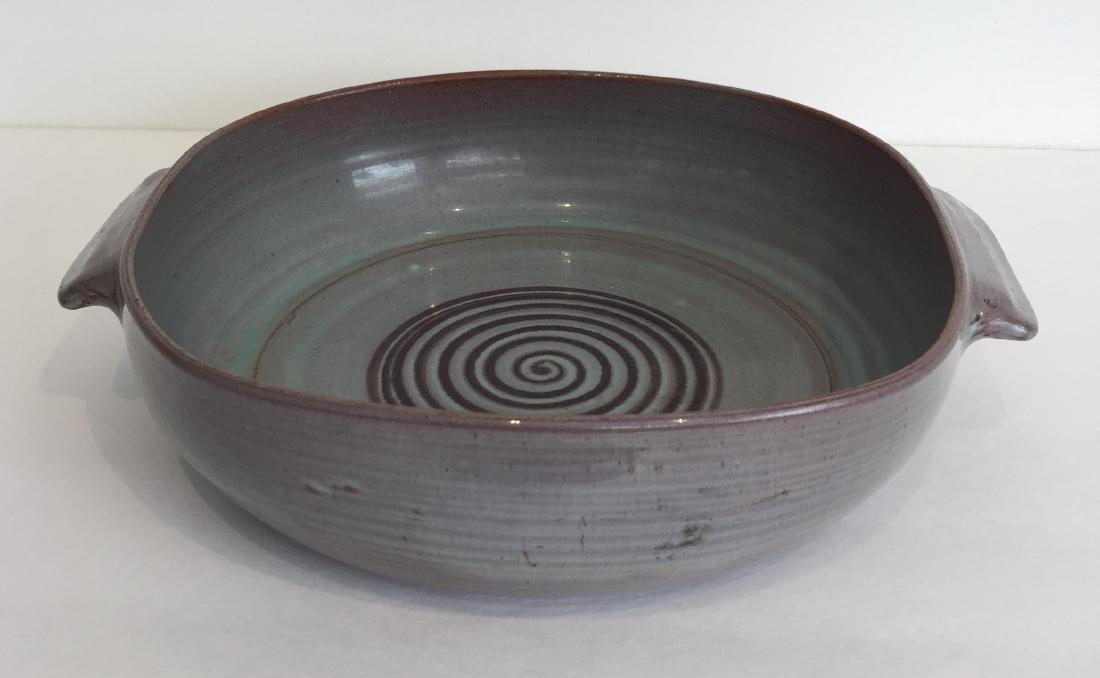 Scheier Pottery Dish: Low pottery dish by Edwin and Mary Scheier. Signed. Measures 11 1/2" wide including handles. 2 5/8" deep.
