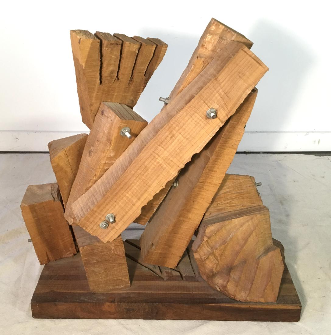 Brutalist Wooden Sculpture by Leonard Cave: Signed c 1970s brutalist sculpture by listed artist Leonard Cave (1944-2006). 26" by 10 1/2" by 26" tall.