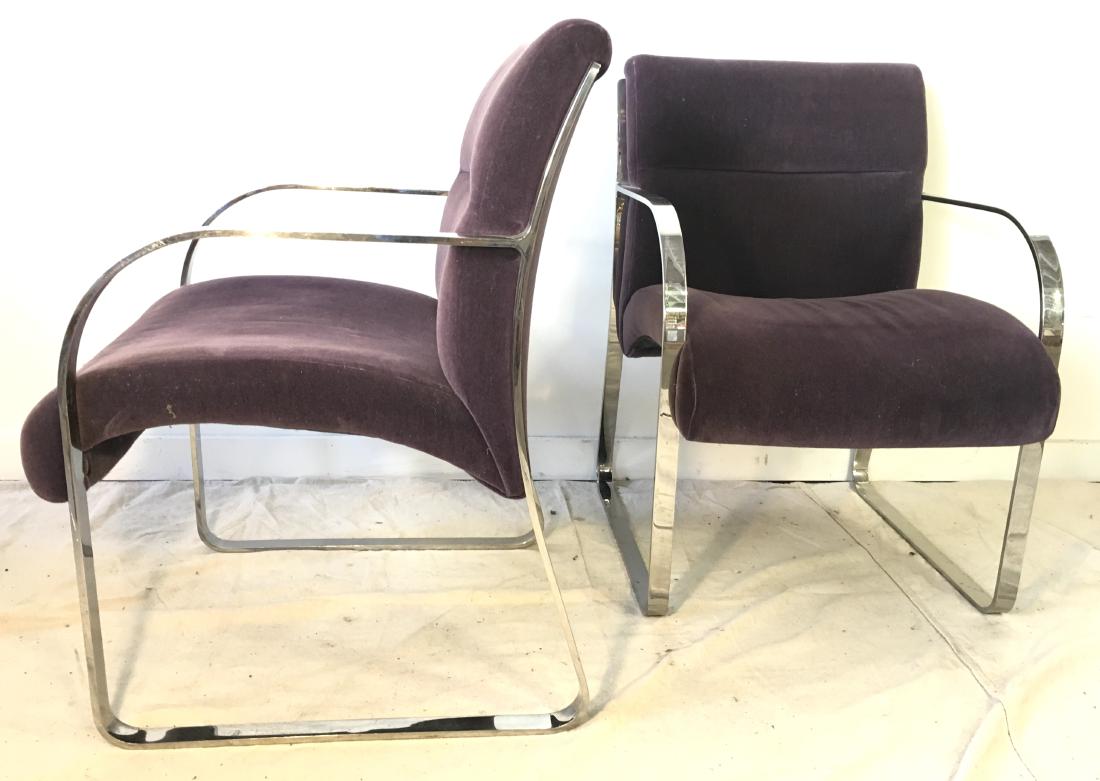 Pair Brueton Chrome Chairs in Mohair: Pair Brueton chrome chairs in purple mohair, labeled. Some wear to chrome and upholstery. 22 1/2" by 24" deep and 32 1/2" tall.