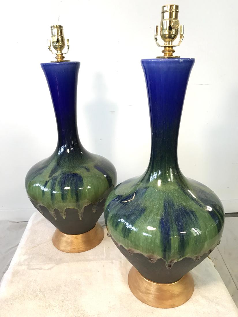 Pair Vintage Blue and Green Drip Pottery Lamps (1 of 3)