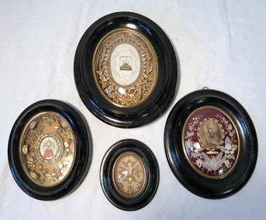 Antique French Reliquary Lot of 4: Lot of 4 oval frames with antique reliquary ranging in size. 9"H x 7.5"W, 7.75"W x 6.5"H, 7"H x 5.5"D, 4.75"H x 4.25"D.