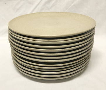 Edith Heath Ceramics 14 Dinner Plates in Sand: Lot of 14 10 1/2" dinner plates in speckled sand. Heath Ceramics Sausalito CA. All are in good to very good condition - there is one small rim chip (pictured) and some utensil marks on some (also pict