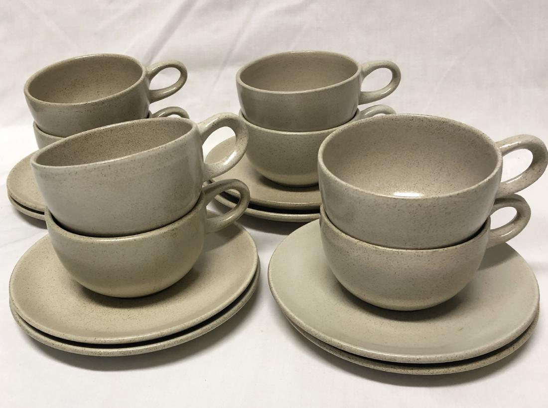 Edith Heath Ceramics 8 Cups and Saucers in Sand: Lot of 8 cups and saucers. Saucers measure 6" across.