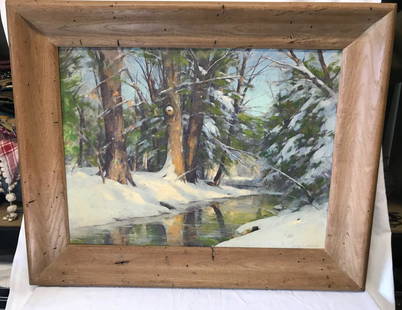 Alan Dean Cochran Oil Painting in Frame Winter Scene: Alan Dean Cochran (1888-1971) was active in Ohio and both NY and Woodstock NY. This is an expressive winter scene, in oil on canvas and in an attractive original frame. Sight size 23 1/2" by 17 1/2" a