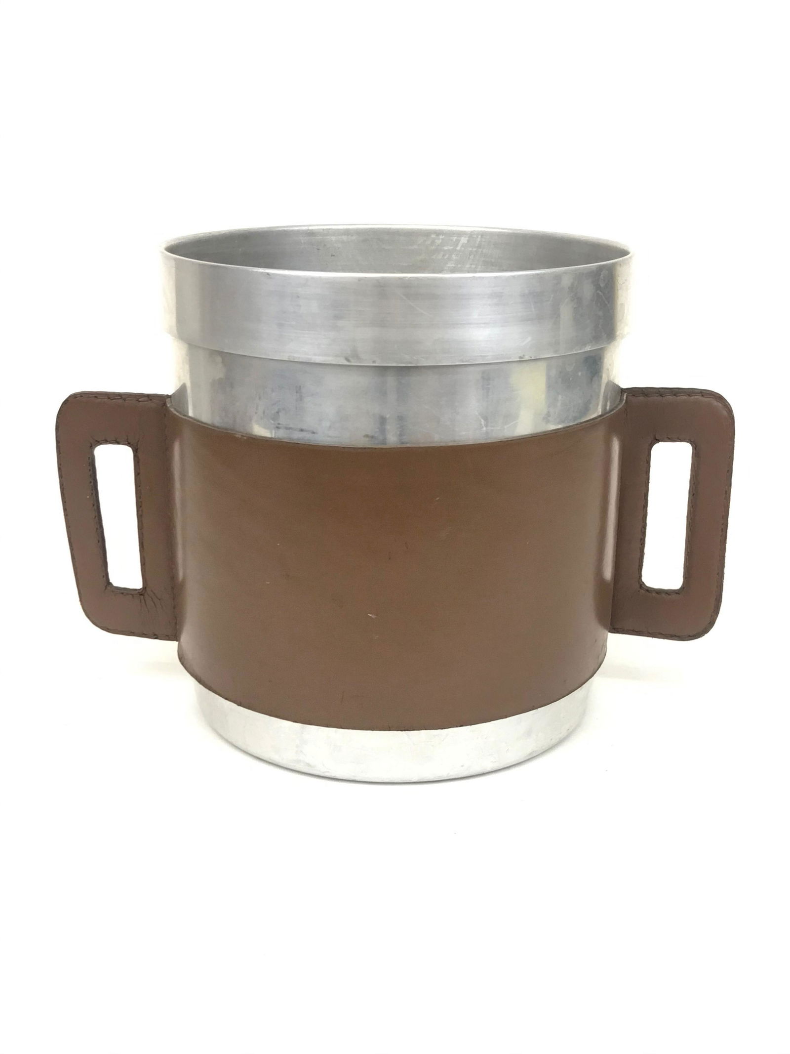 Aluminum & Leather Mid Century Ice Bucket Attr: Aubock (1 of 5)