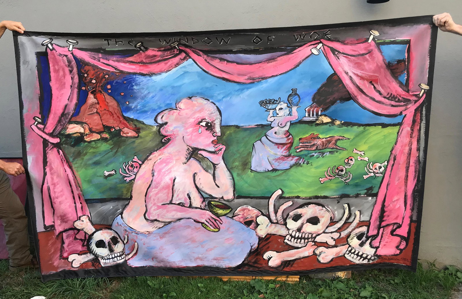 Large Painting on Canvas Don Herron NYC: Unstretched banner form painting on canvas. The Window of Woe 1985 Don Herron NYC. Herron (1941-2012) is famous for his extensive series of "Tub Shot" photographic portraits of people in their bathtub