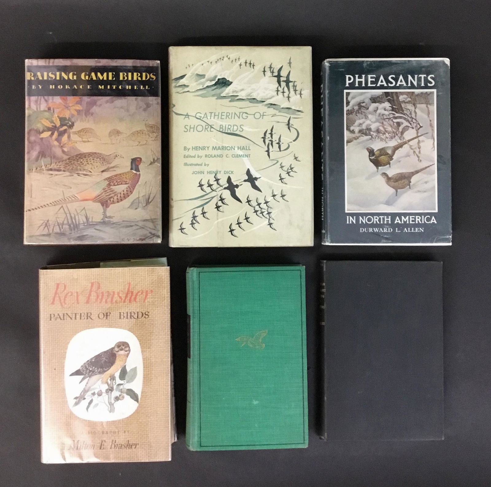 Lot of 6 Bird Books, incl Brasher, Shore Birds: Raising Game Birds by Horace Mitchell; A Gathering of Shore Birds by Henry Marion Hall; Pheasants in North America by Durward L. Allen; Rex Brasher Painter of Birds; Gamebirds and Gamebird Shooting by