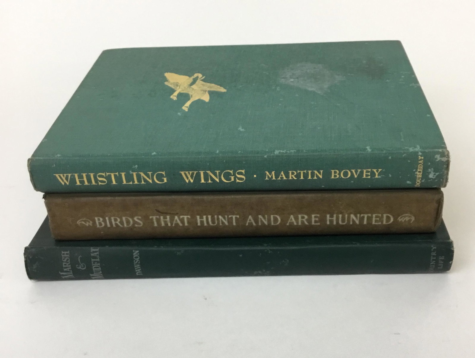 3 Bird Books - Whistling Wings, Marsh & Mudflat: Marsh & Mudflat by Major Kenneth Dawson 1931; Birds That Hunt and Are Hunted by Neetje Blanchan, 1900; and Whistling Wings by Martin Bovey 1947.