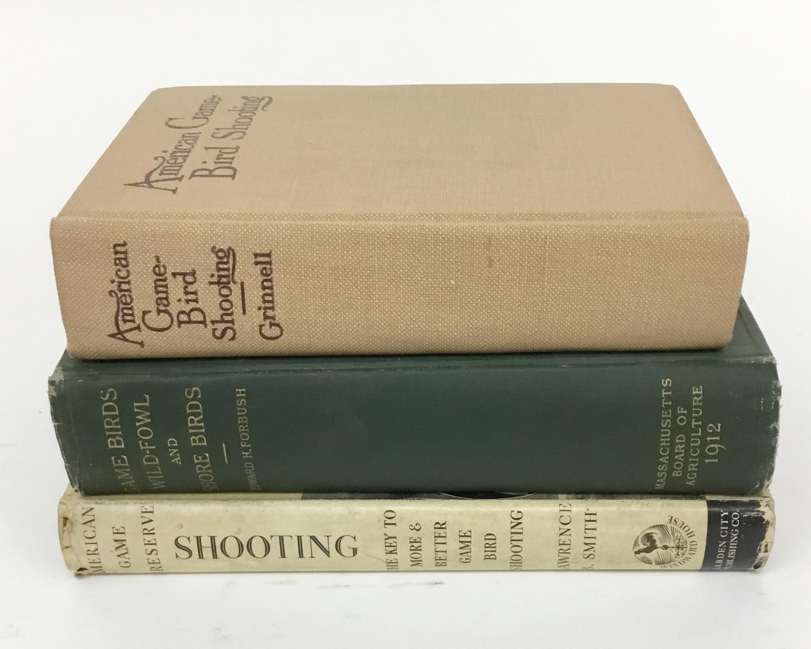 Lot of 3 Game Bird Books - Grinnell, Smith: American Game Bird Shooting by George Bird Grinnell 1910; Game Birds, Wild-Fowl and Shore Birds of Massachusetts and Adjacent States by Edward Howe Forbush, 1912; and American Game Preserve Shooting b