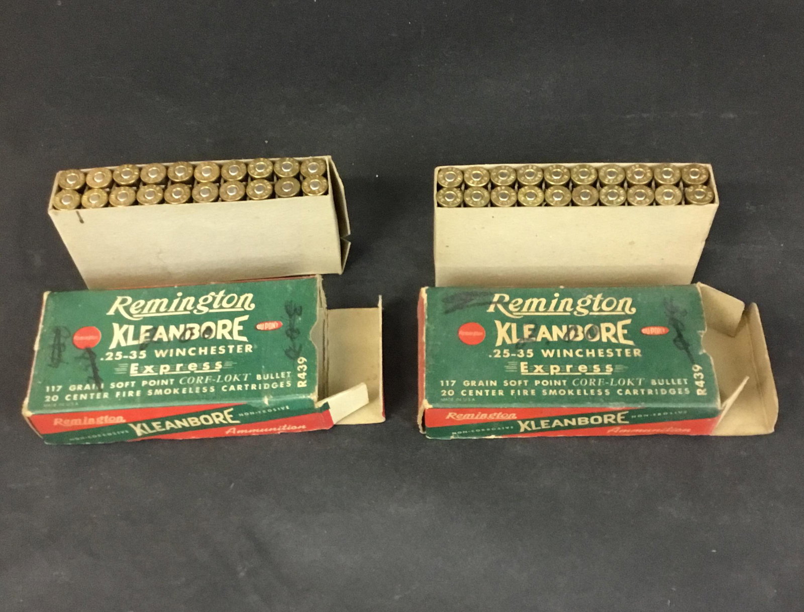 2 Boxes Remington Kleanbore .25-.35 Express: 2 full boxes ammo Remington Kleanbore .25-.35 Winchester Express ammunition.