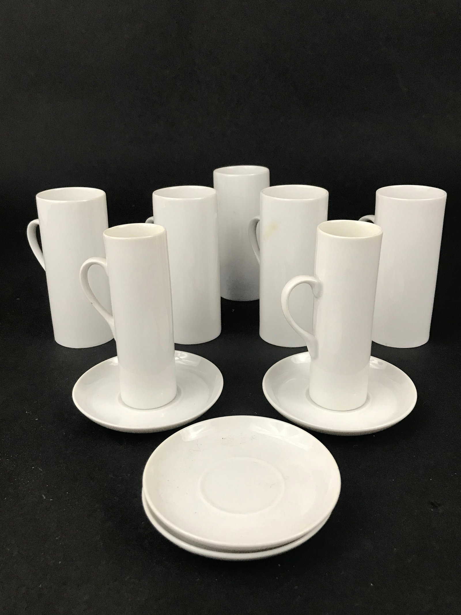 11 Pc. Lagardo Tackett White Cup & Saucer Set two sizes: 11 Pc. Lagardo Tackett White Cup & Saucer Set two sizes. 5 Cups 1.75" x 4", 2 Cups 1.25" x 3.875", 4 Saucers 3.5"