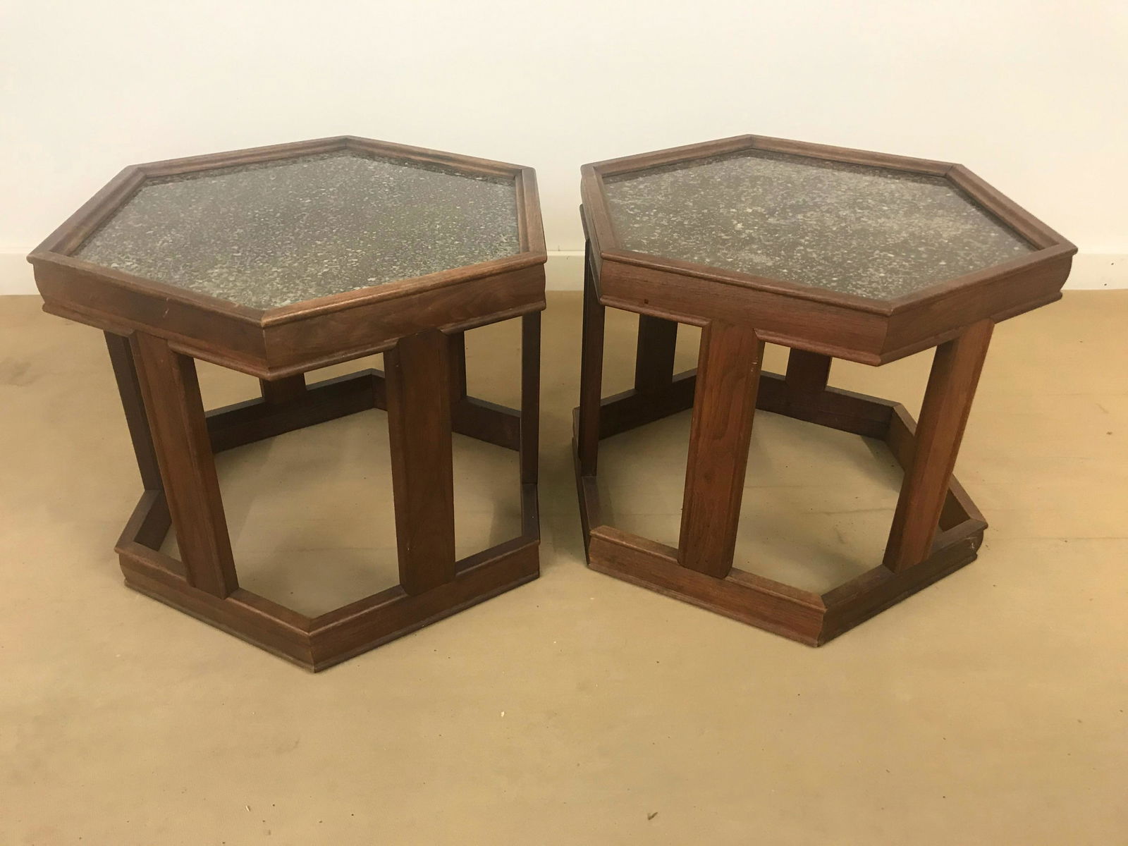 Pr. Walnut Hex Top Tables by John Keal for Brown: Nice pair of hexagonal stands with a great composite top, in walnut. 18" x 21" x 15.5