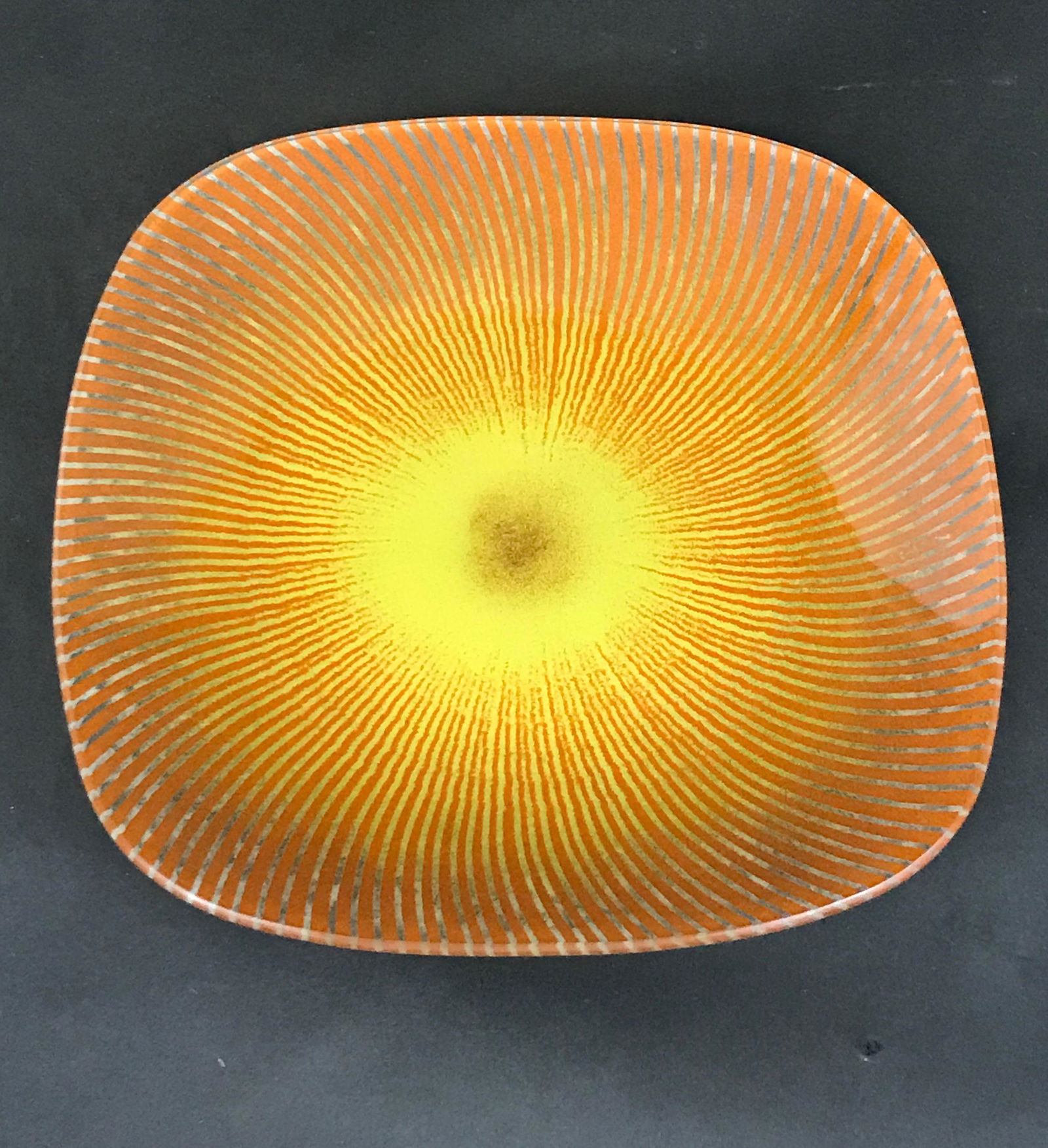 Maurice Heaton Mid Century Art Glass Plate: Nice signed Maurice Heaton plate with a sunburst coloring. 11"D, 1.25"H